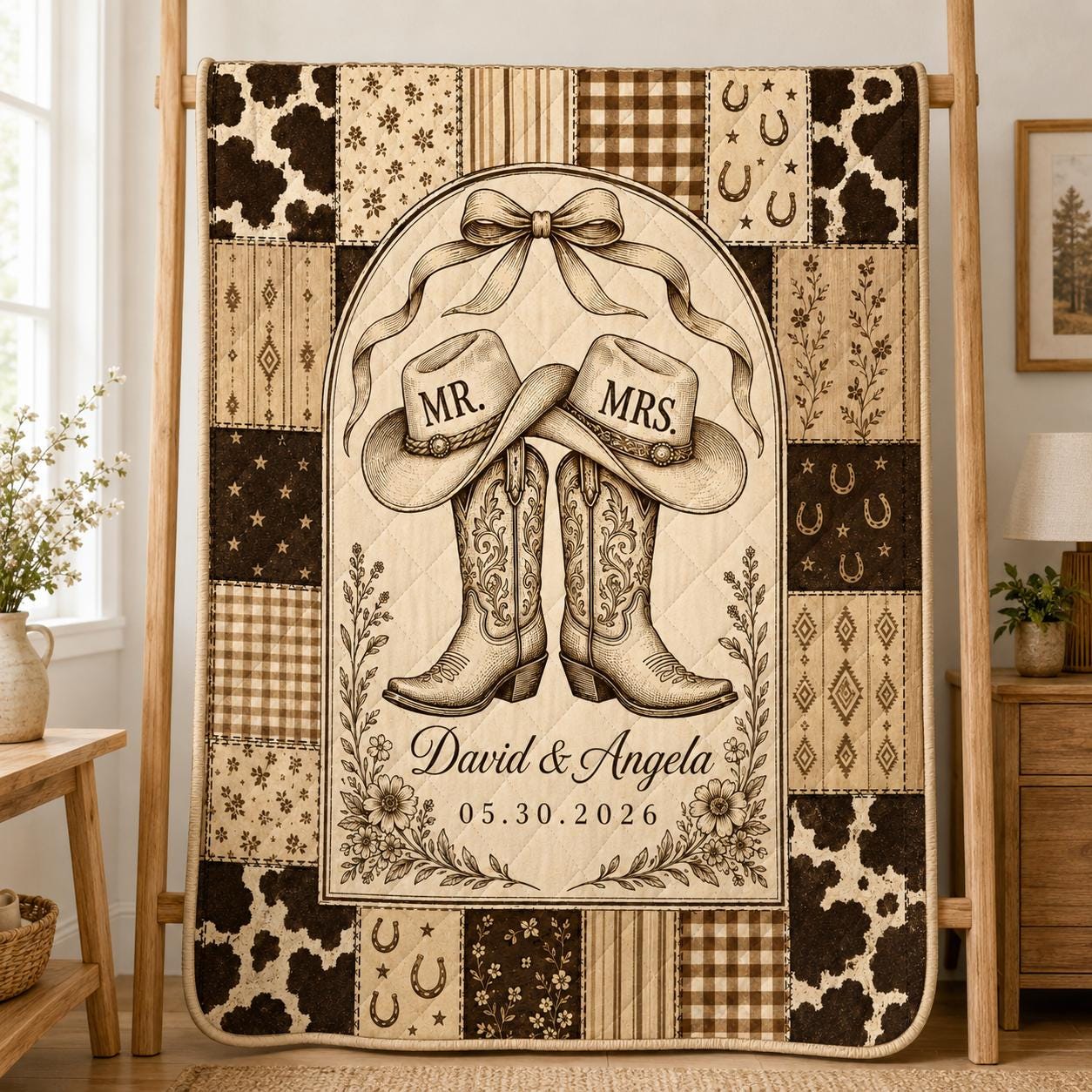 Personalized Western Wedding Quilt Blanket, Custom Names and Date Cowboy Boots Design
