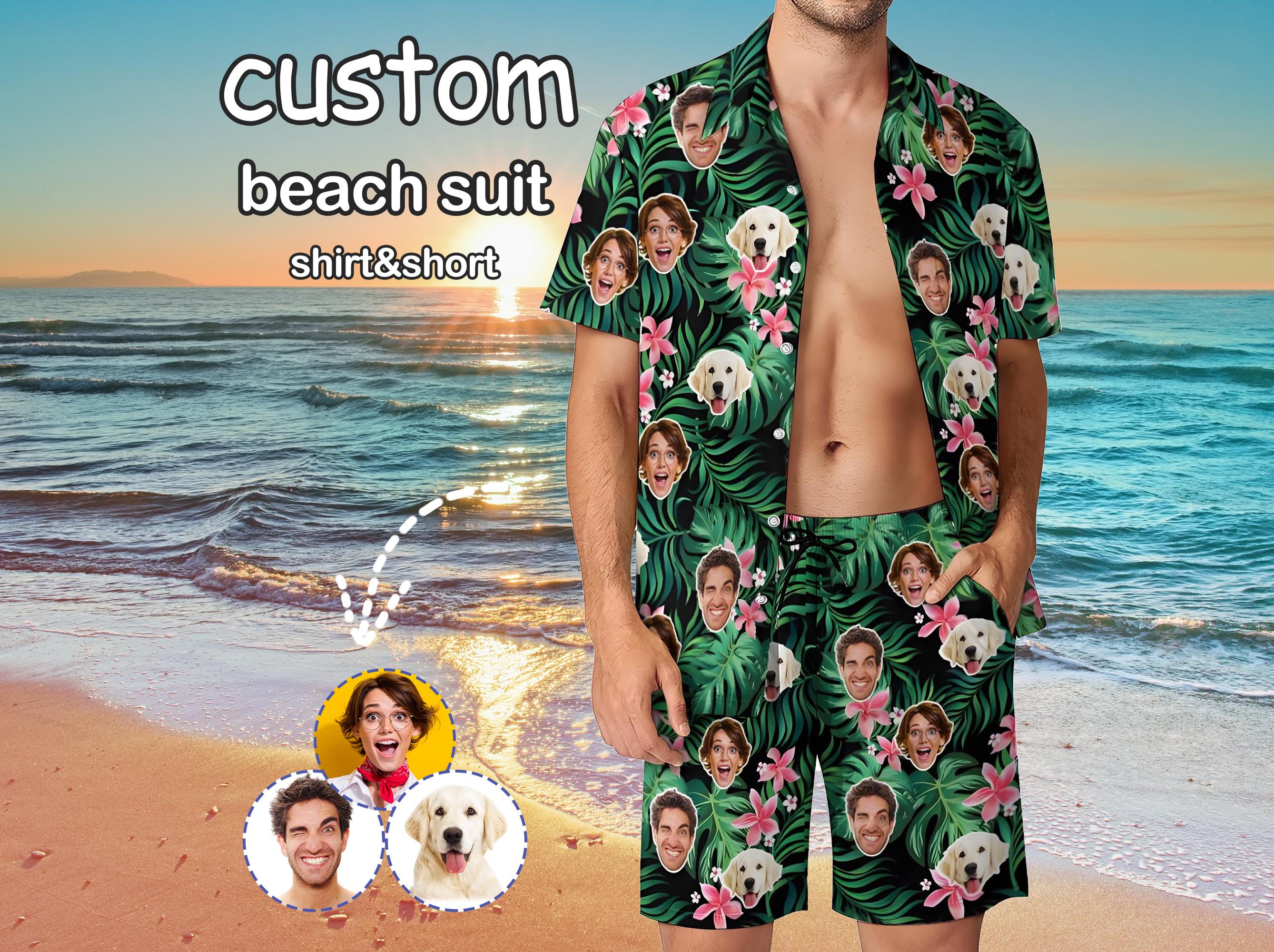 Custom Hawaiian Shirt Trunks with Face for Bachelor PartyPersonalized Hawaiian Shirt Set with PhotoCustom Photo Men's Beach Suit with Dog