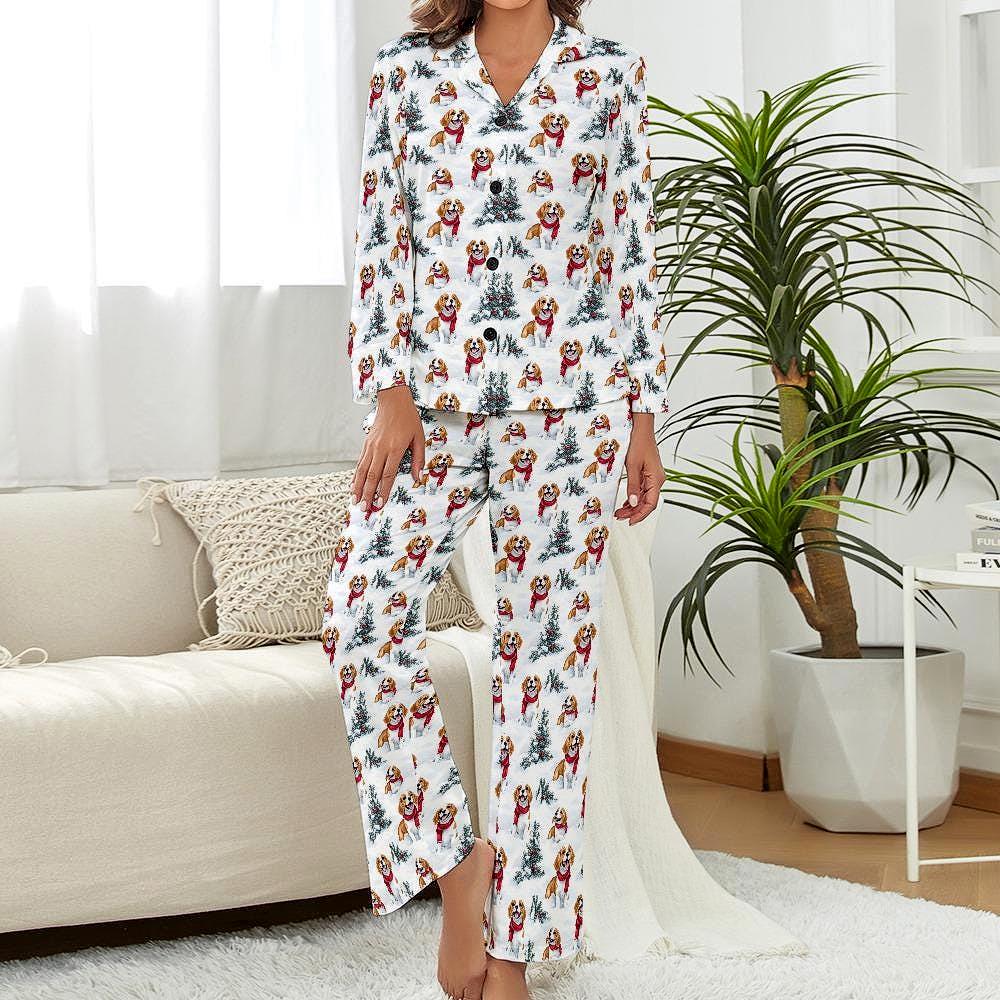 Beagle Christmas Pajamas Cute Holiday Dog Print Womens Sleepwear with Red Scarf & Snowy Trees, Cozy Dog Mom Gift for Beagle Lovers