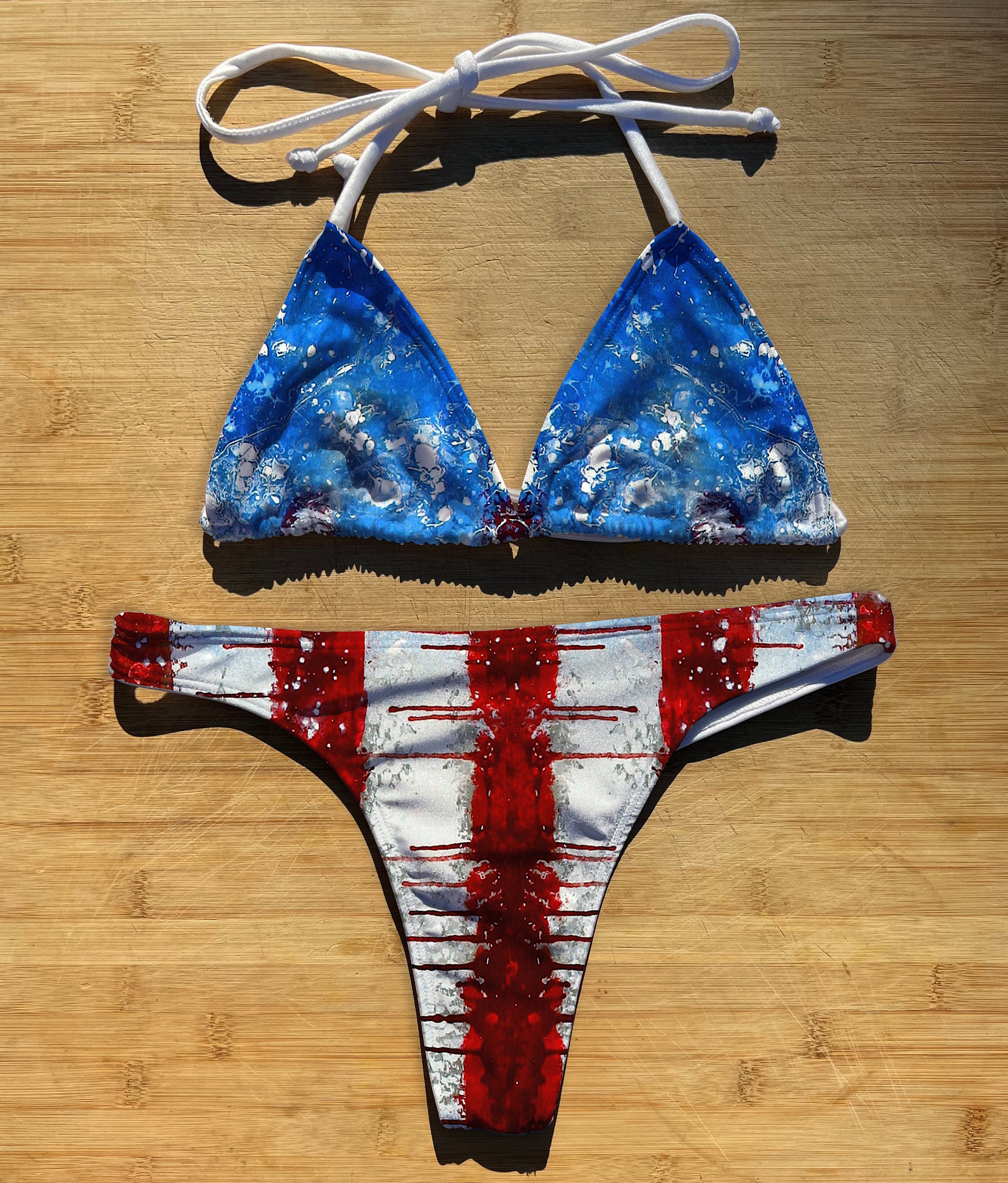Swimwear Bikini 2 Piece Set | America Paint | Thong Cheeky Brazilian Coverage | Triangle String Tie Top Bathing Suit | USA Flag Drip