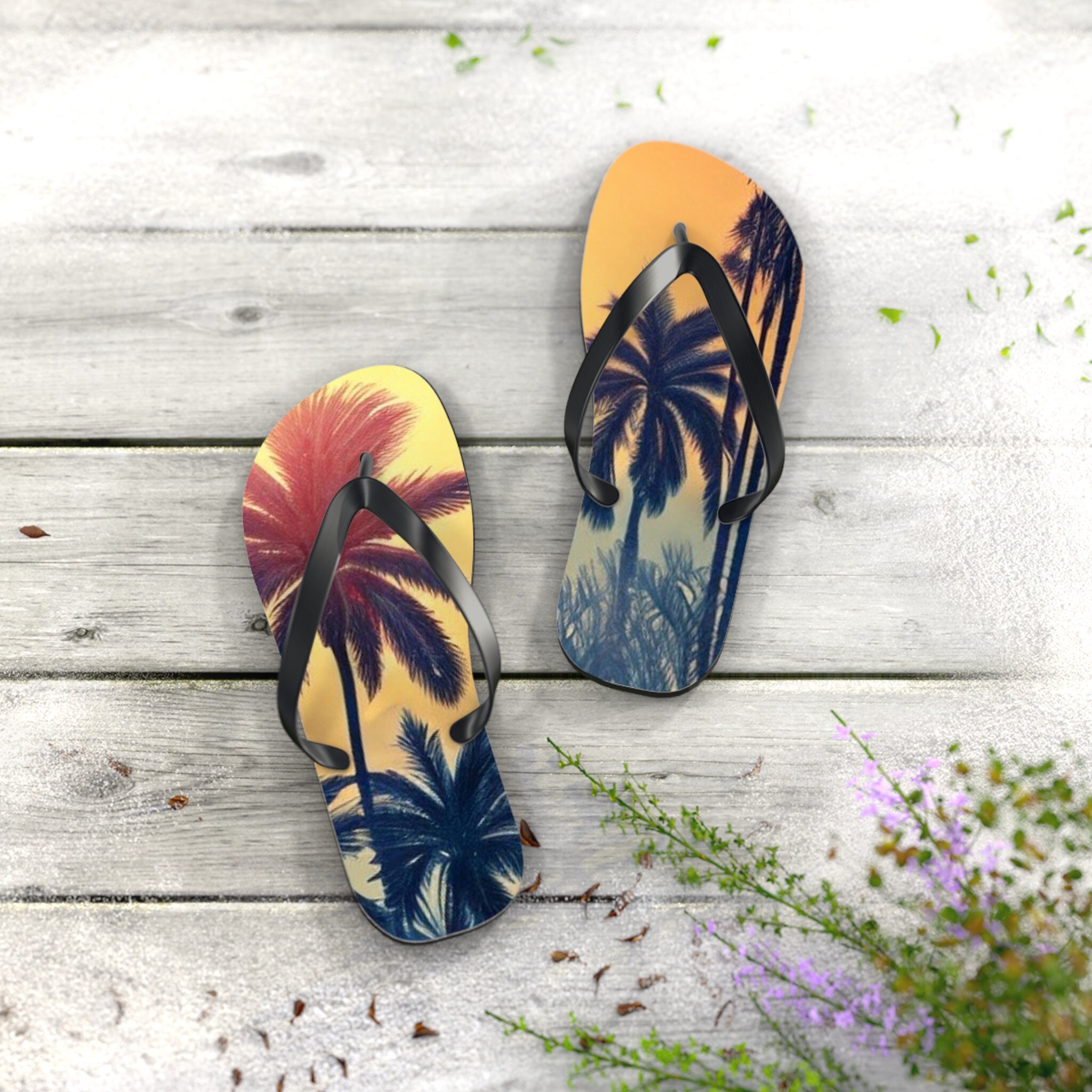 Tropical Palm Tree Flip Flops | Beach Sandals | Vacation Footwear | Summer Shoes | Palm Leaf Print
