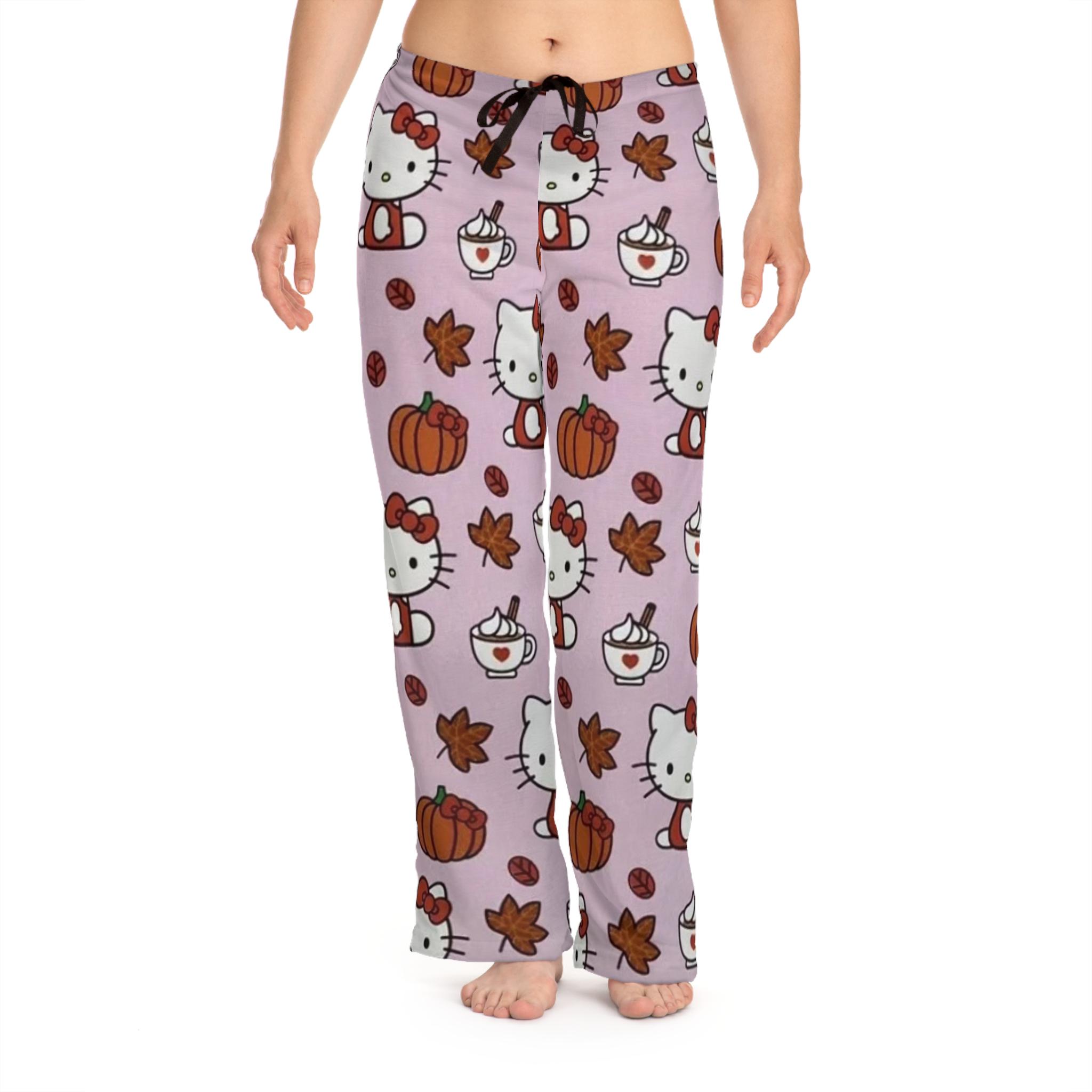Retro pink pumpkin kitty Halloween fall leaves hot chocolate cat Kitty Pajama Pants Lounge sleep Cozy Holiday Anime Gift