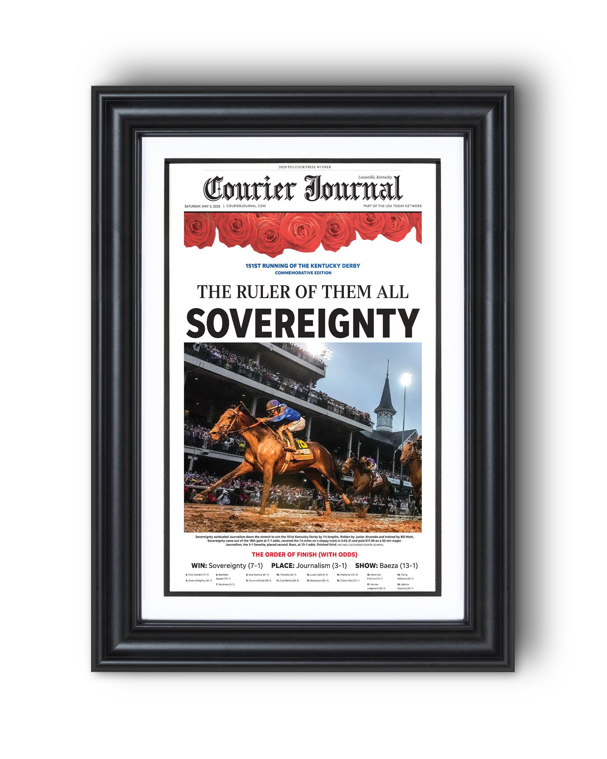 2025 Kentucky Derby The Ruler Of Them All Sovereignty Winner UnFramed Front Page Newspaper. Style