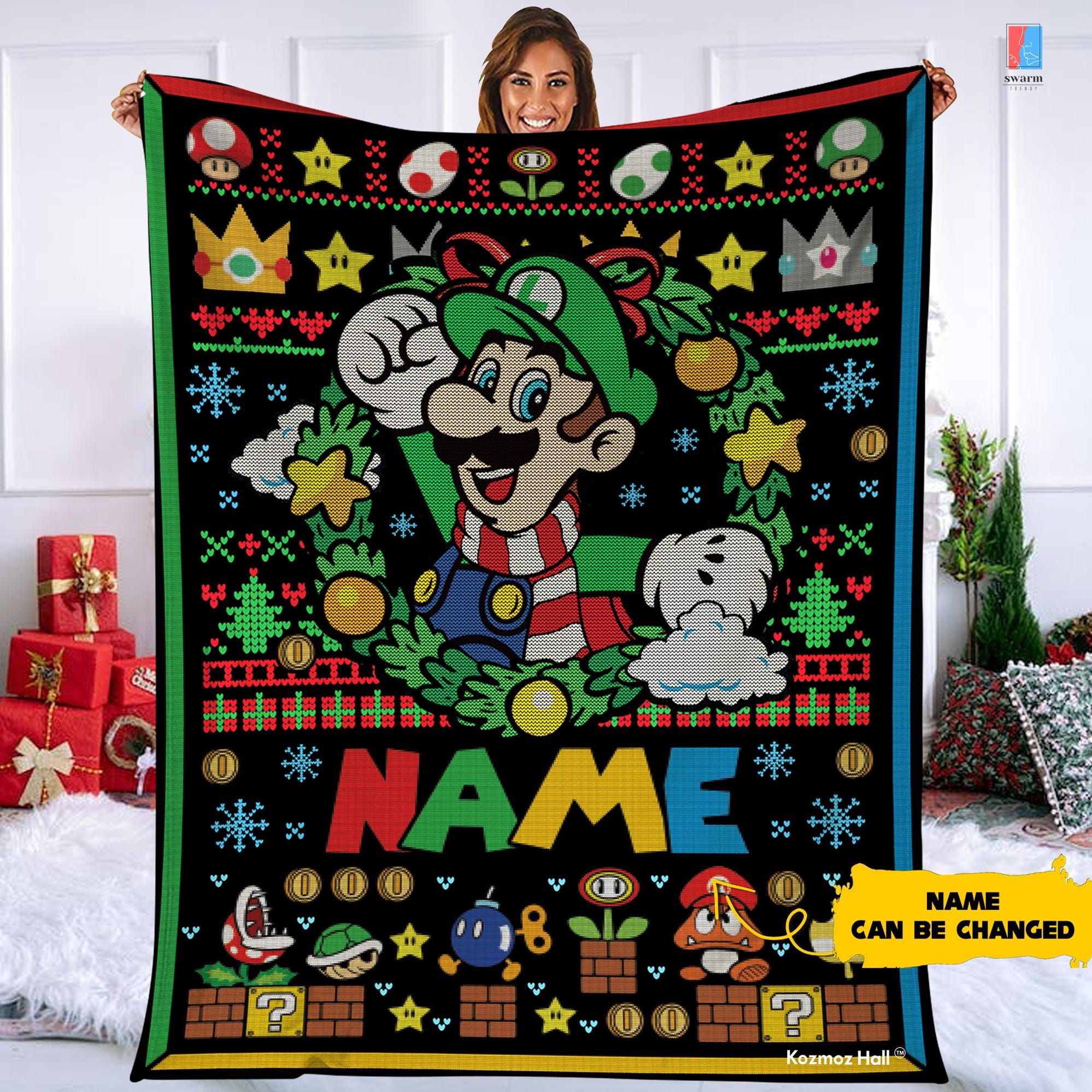 Personalized Super Mario Lugi Ugly Christmas Blanket, Mario Lugi Quilt Blanket, Super Mario Blanket, Super Mario Christmas Gift
