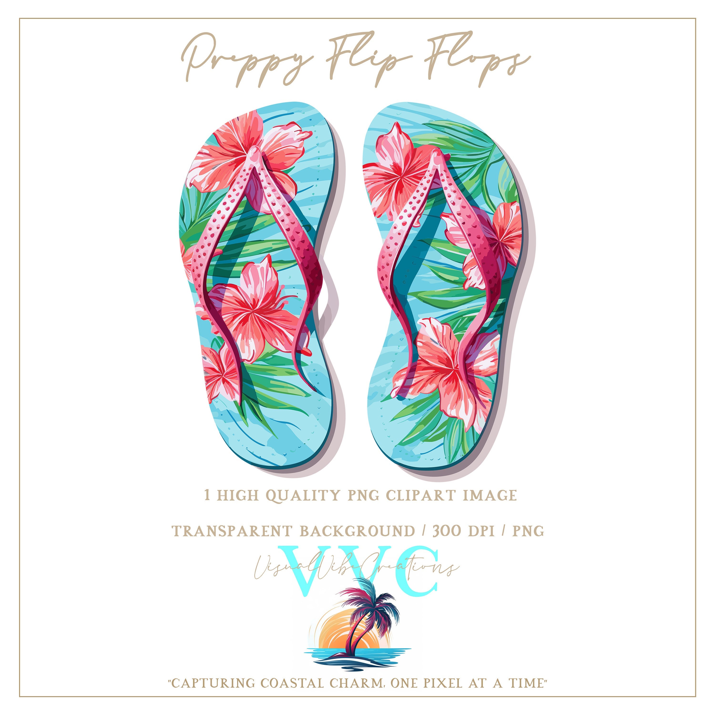 Preppy Flip Flops Clip Art - transparent background in PNG - flower, floral, beach, island, Florida, tropical, nautical, sandals, summer