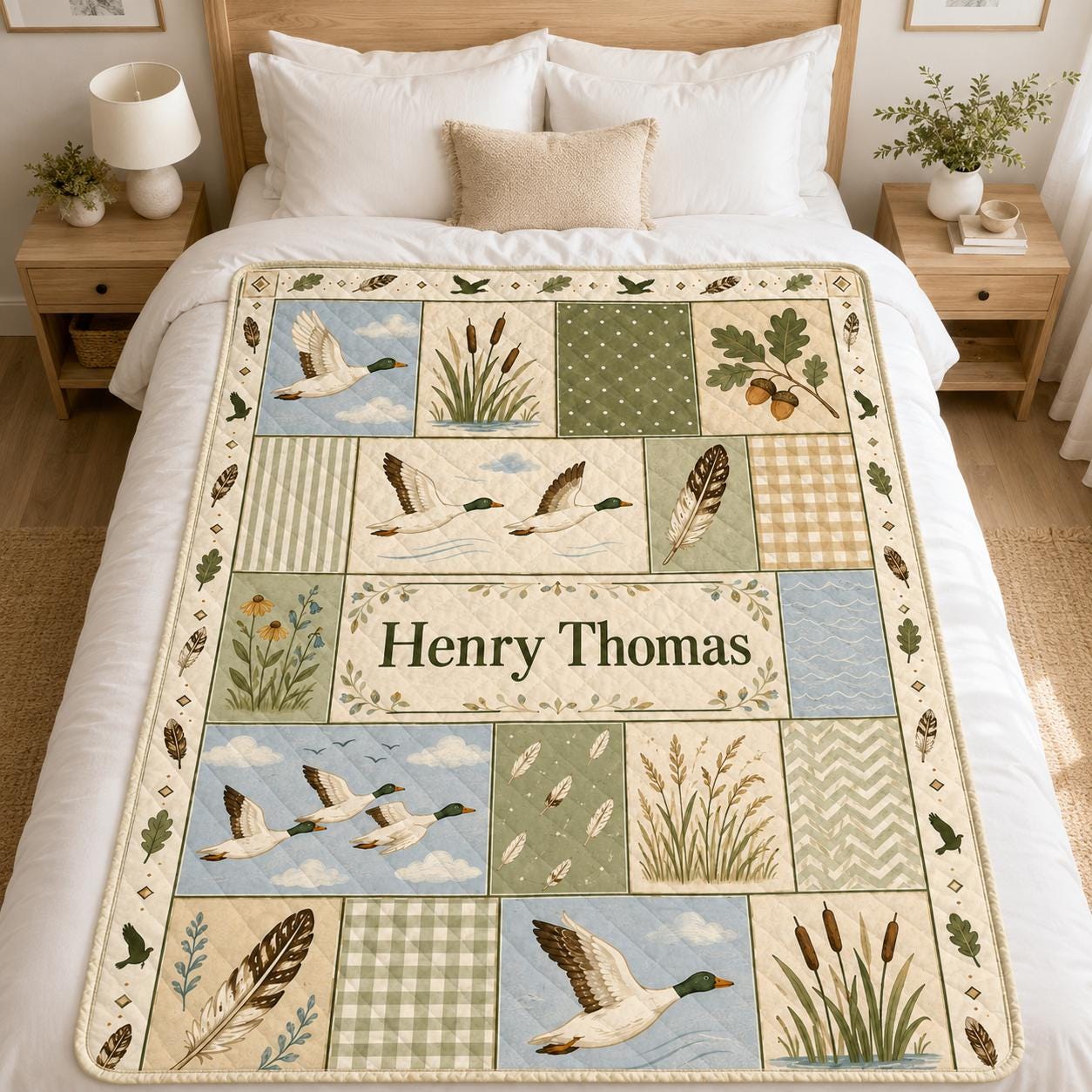 Personalized Duck Quilt Blanket, Custom Name Mallard Nursery Quilt for Baby Boys