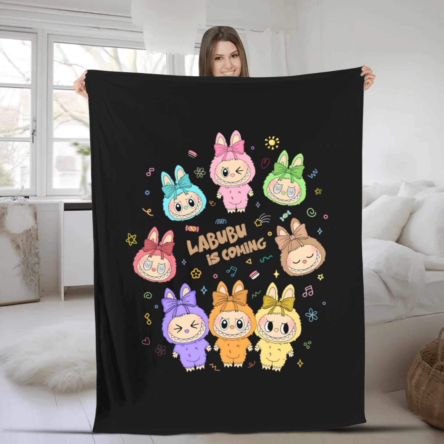 Labubu Fleece Blankets, Cute Cartoon Fleece Blankets, Aesthetic Kawaii Fleece Blankets, Gift for Her, Soft Graphic Fleece Blankets, Trendy Cute Fleece Blankets, Custom Labubu Design