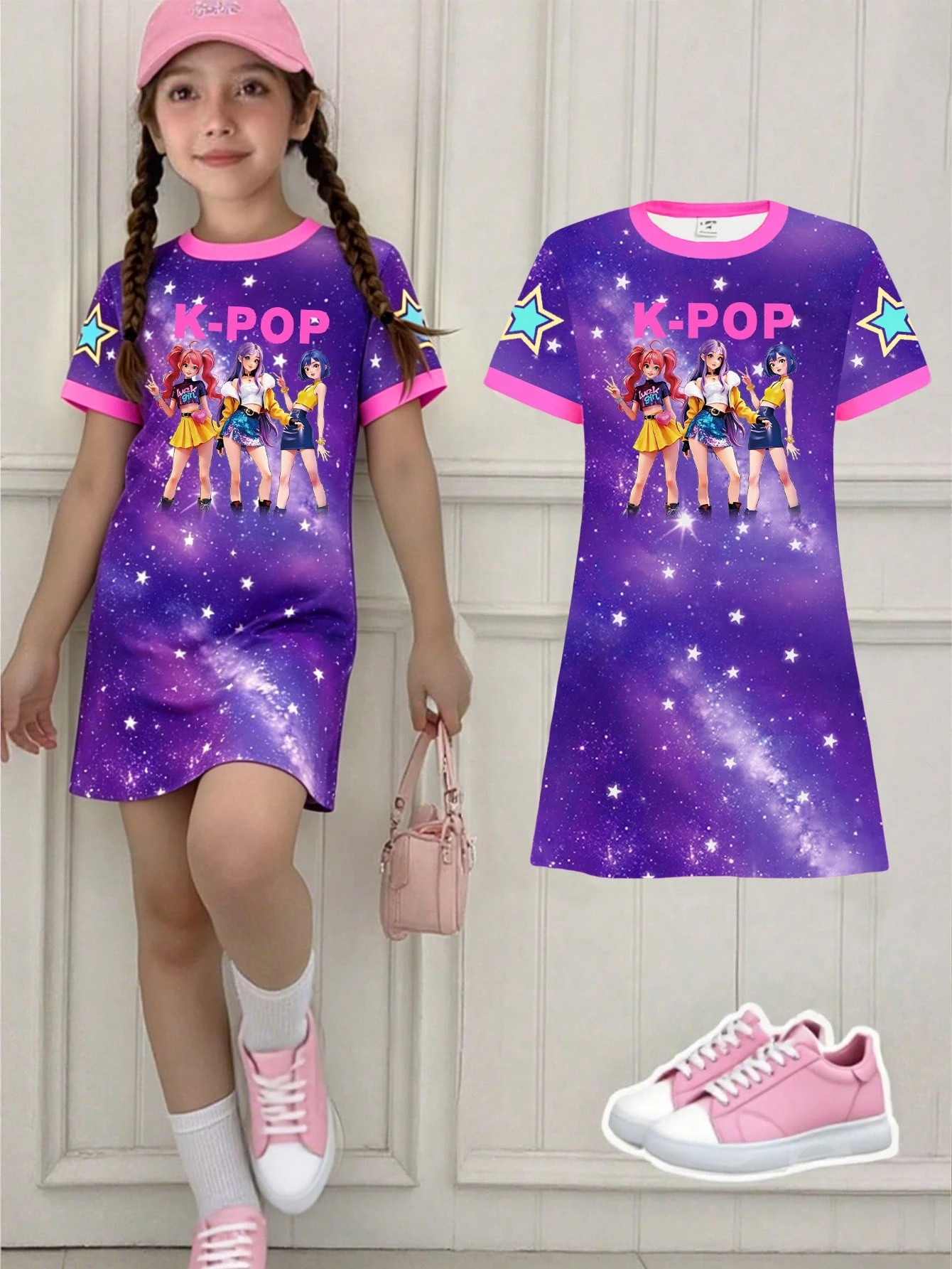 Little Girl Deep Purple Galaxy Star Kpop Demon Hunter T-shirt Dress, Summer Short Sleeve Dress Gift
