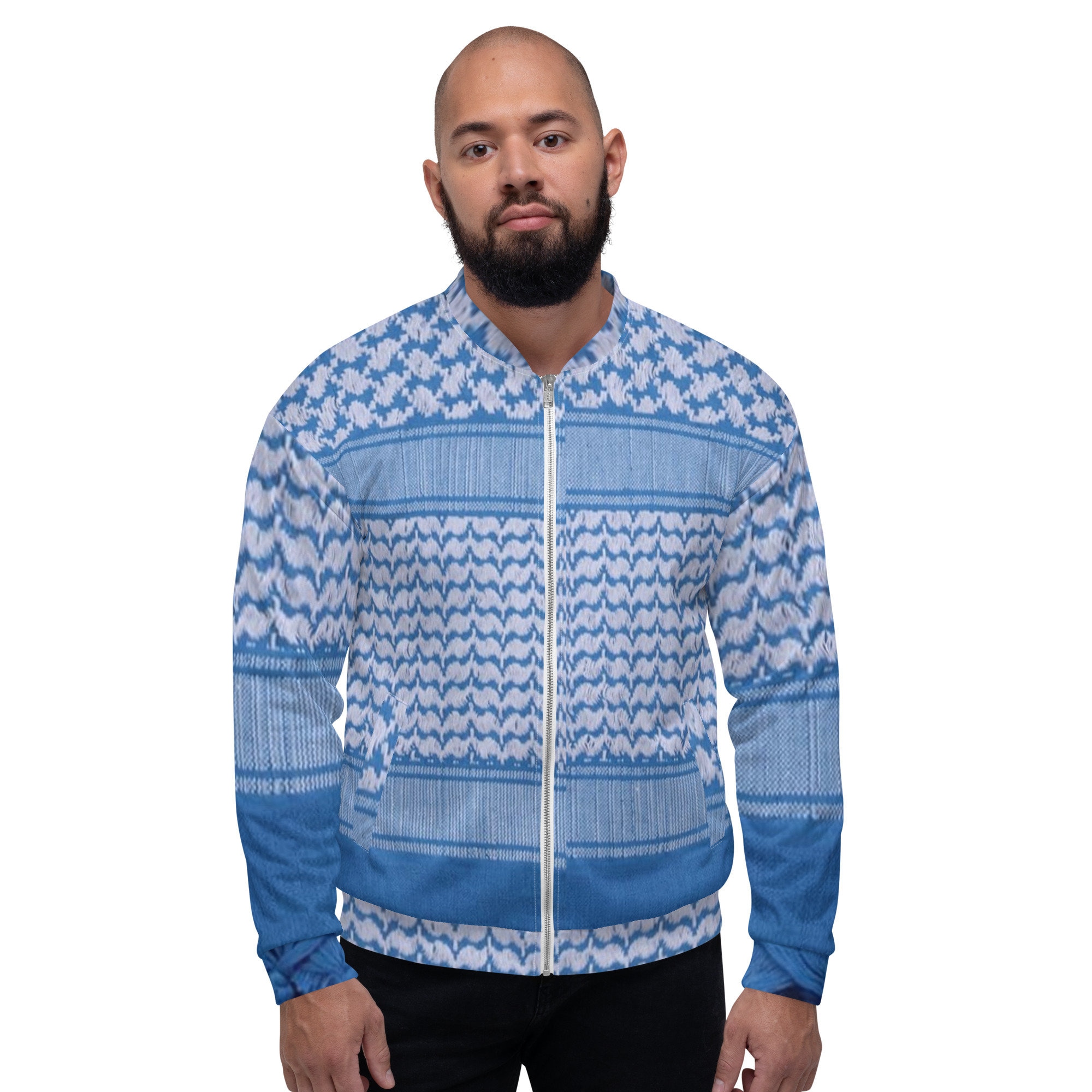 Keffiyeh Scarf Design, Blue & White, Unisex Bomber Jacket