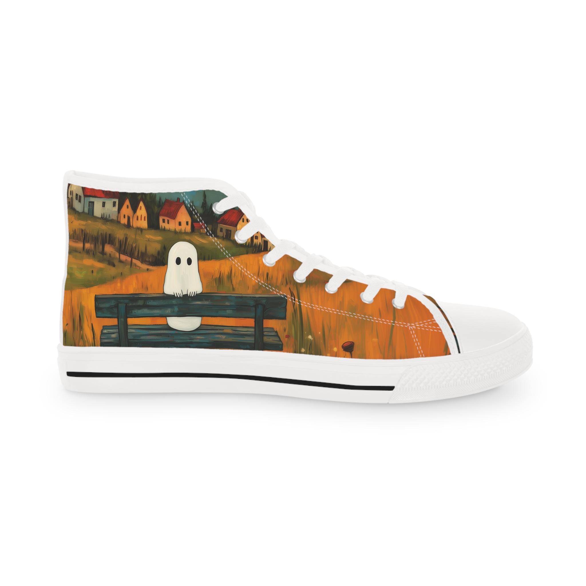 Whimsical Ghost High Top Sneakers | Men's Ghost on a Bench High Tops | Fun Halloween Shoes | Unique Custom Sneakers gift
