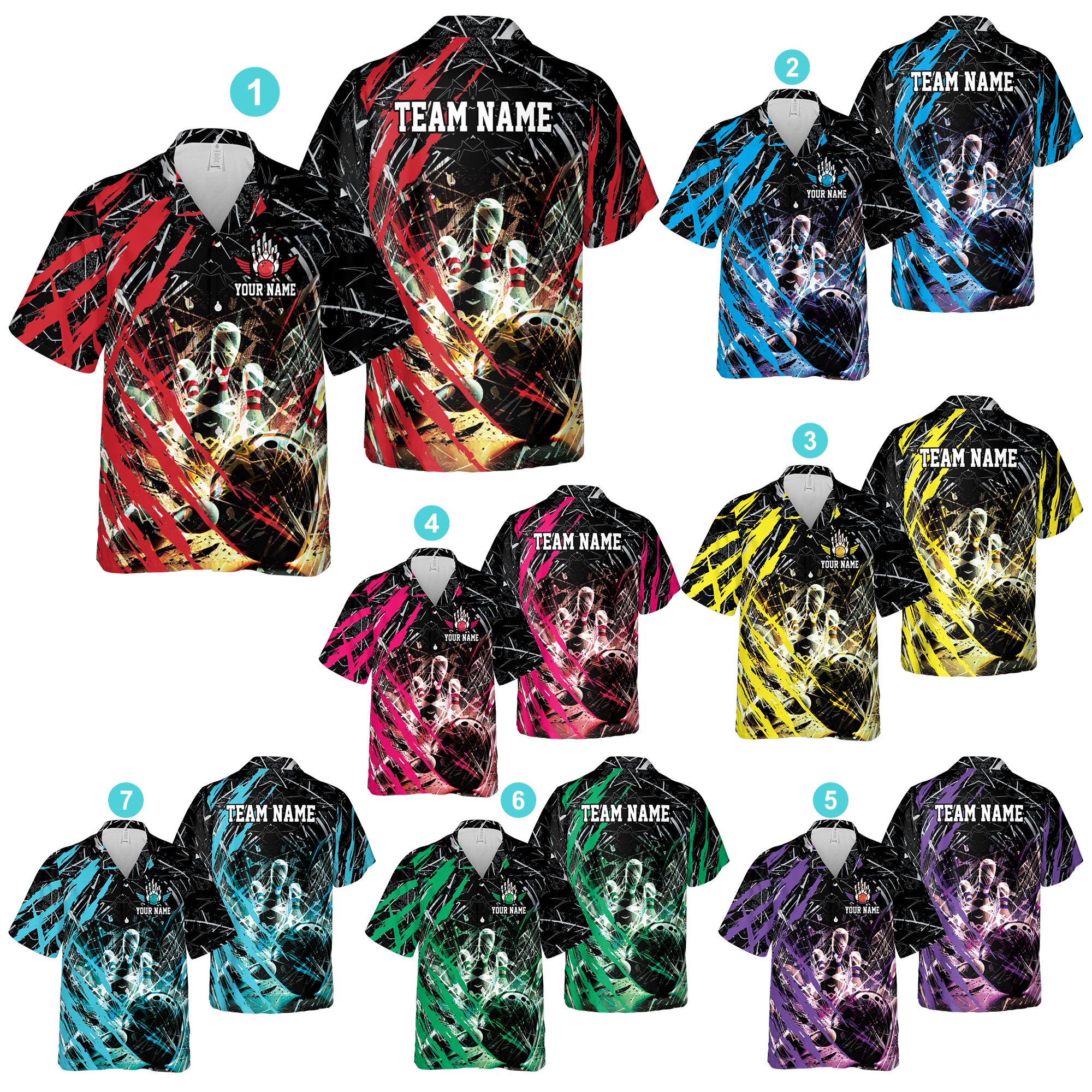 Personalized Name Scratches Bowling Hawaiian Shirt, Custom Color Retro Bowling Button Up Shirt, Matching Bowling Team Shirt, Bowler Shirt