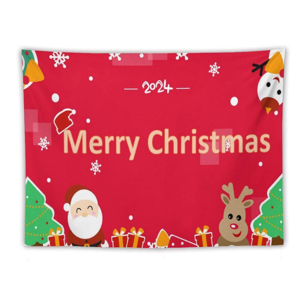 Santa and Reindeer Merry Christmas 2024 Tapestry Festive Red Holiday Wall Hanging for a Cozy Seasonal Decoration