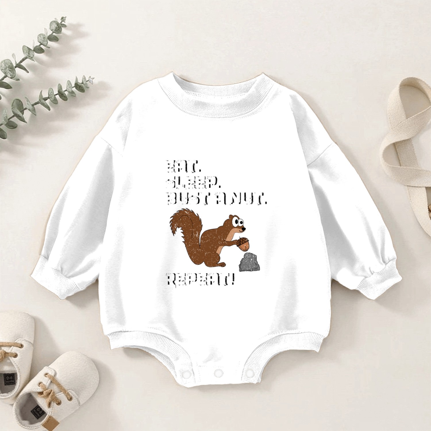 Eat Sleep Bust A Nut Repeat, Squirrel Pun Baby Romper Sweatshirts