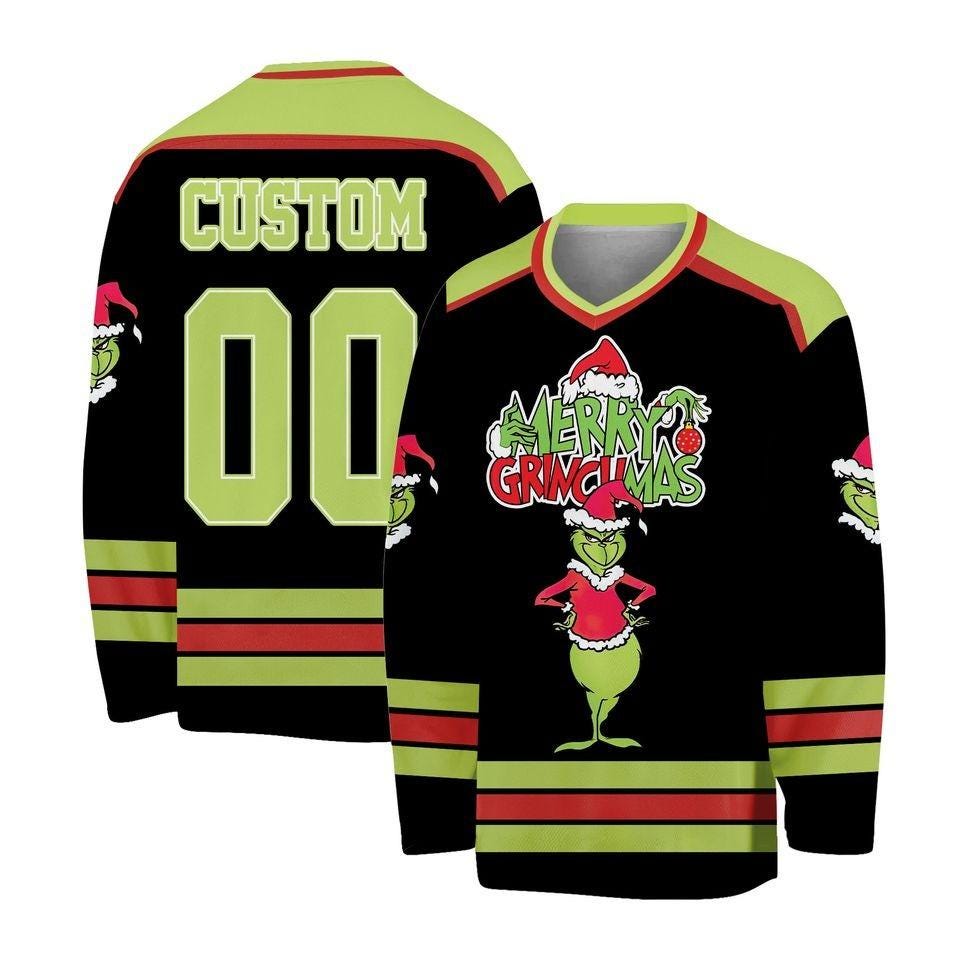 Personalized Merry Grin Black Men's Hockey Jersey, Custom Christmas Funny Character