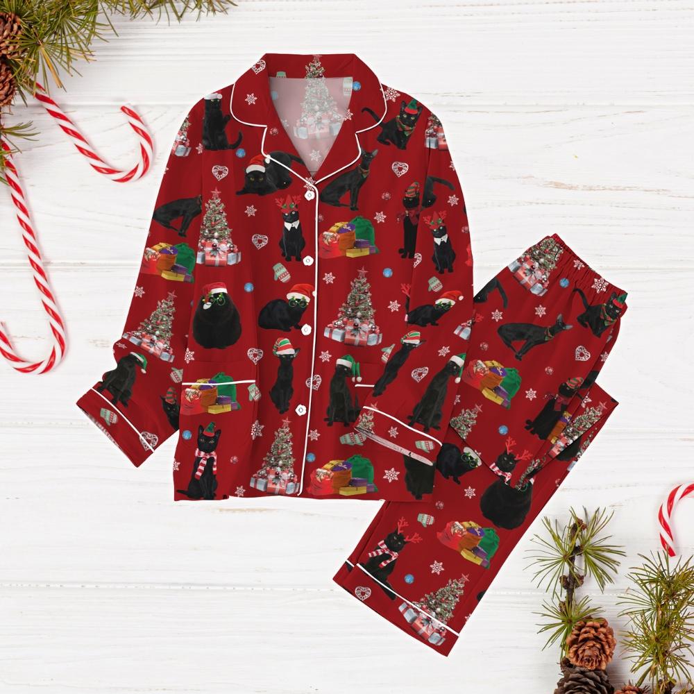 Black Cat Christmas Pajamas, Funny Cat Holiday Pajamas, Xmas Tree Cat Women Pajamas, Meowy Pajamas For Party, Gift For Cat Lovers
