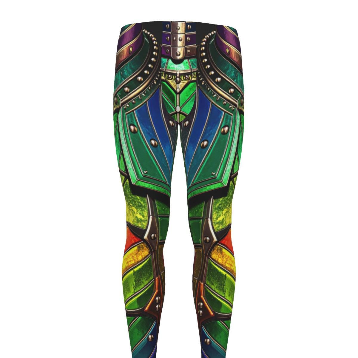 Green Gladiator Mens Leggings 3D LARP Battle Exoskeleton Armor Workout Pants Cycling Athletic Fitness Running Exercise, Steampunk Wrestling