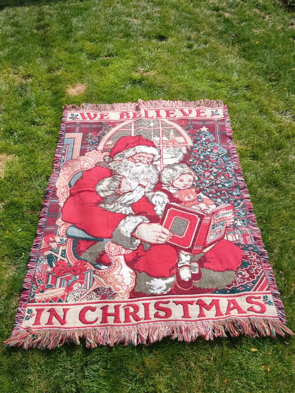 Vintage Holiday Woven Throw Tapestry Blanket We Believe in Christmas Santa 68x45