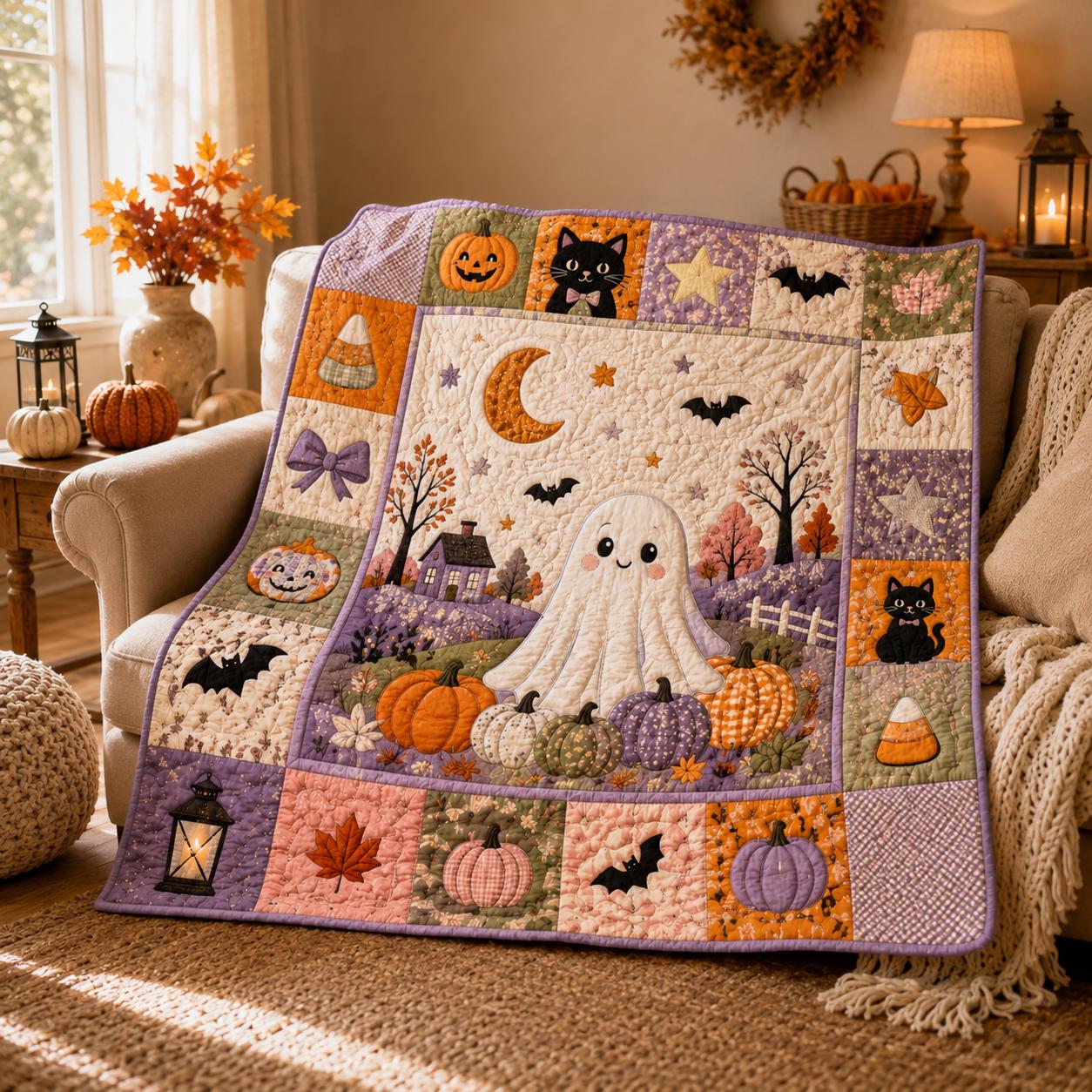 Halloween Quilt - Personalized Fall Bedding with Cute, Black Cats, and Pumpkins