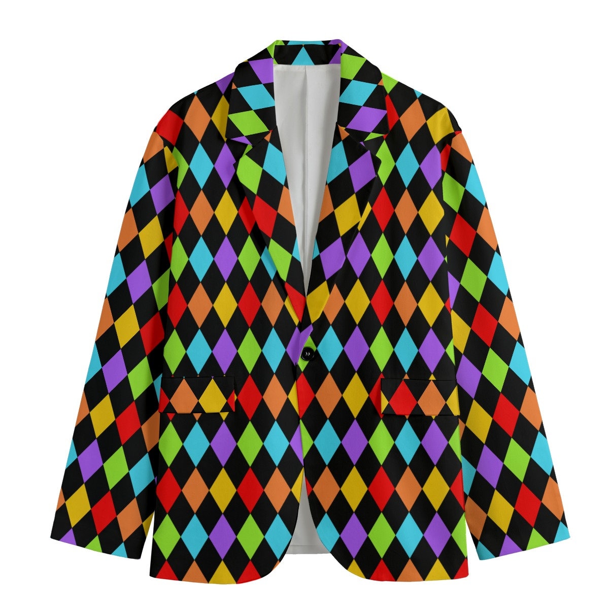 Colorful Clown Suit Jacket with Rainbow Diamond Pattern, Casual Women's Casual Blazer, Women Suit Jacket, Gift For Her