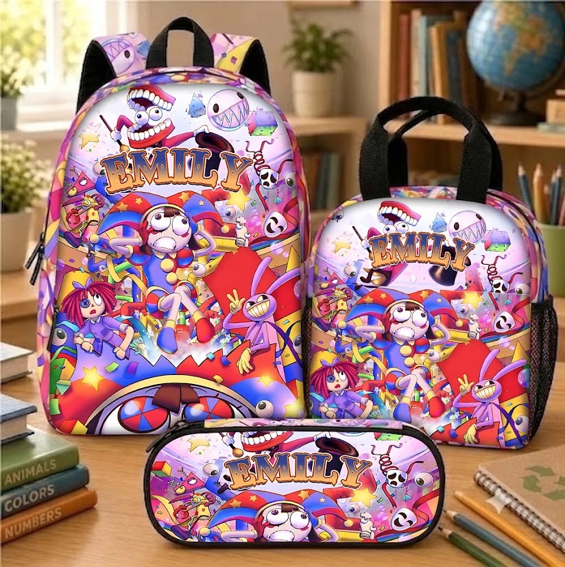 Personalized Amazing Digital Circus Backpack Set, Custom Name TADC School Bag, Lunch Bag & Pencil Case Cartoon Gift, Back to School Gift
