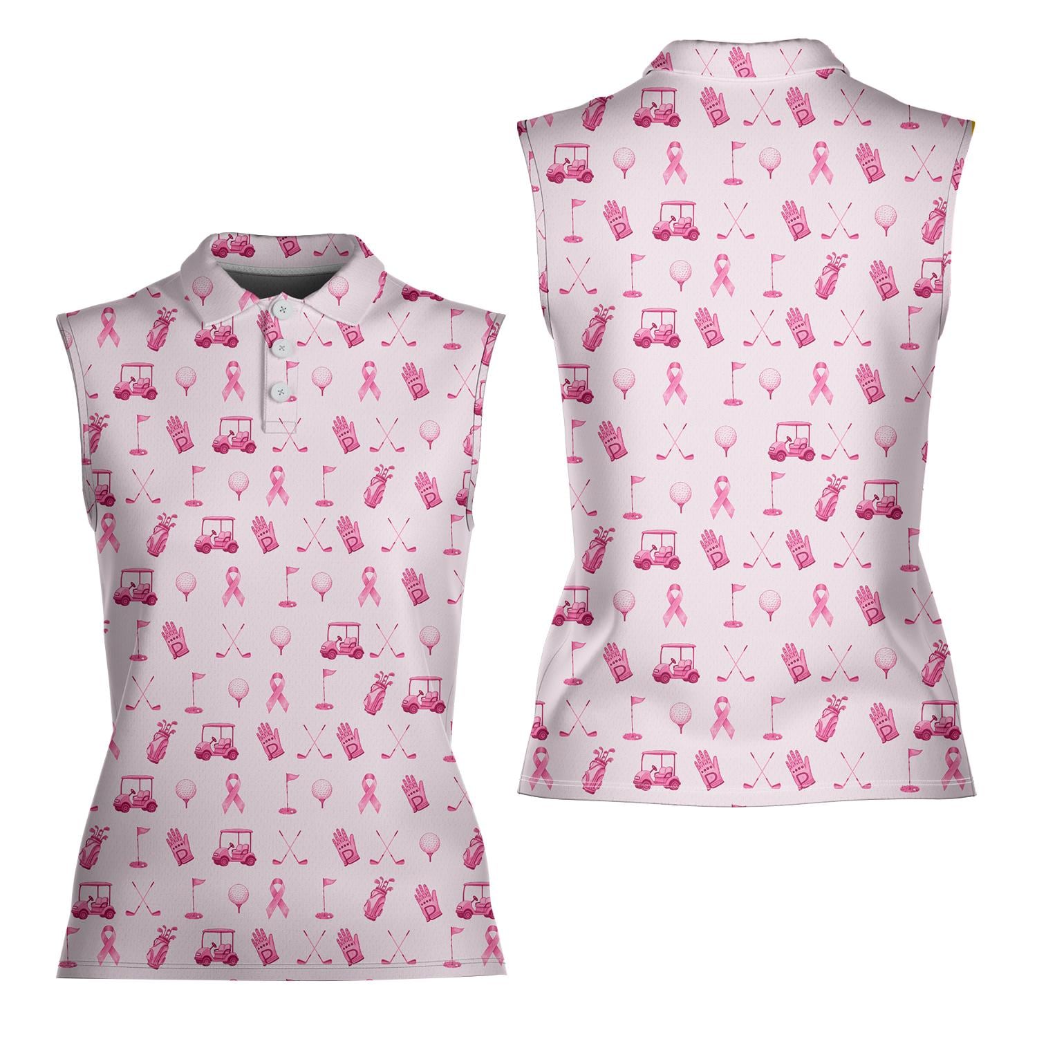 Women's Sleeveless Pink Ribbon Polo Shirt, Breast Cancer Awareness Apparel, Cancer Support Outfit