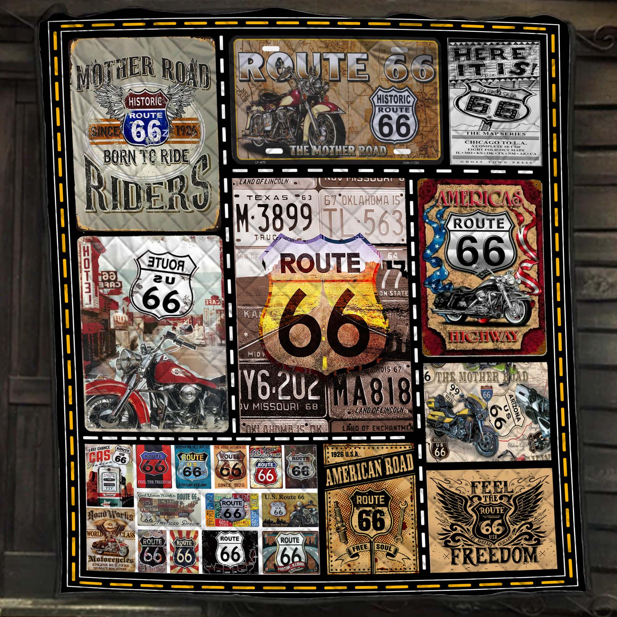 Route 66 Collage Quilt Blanket, Retro Desert Highway Sherpa Bedding
