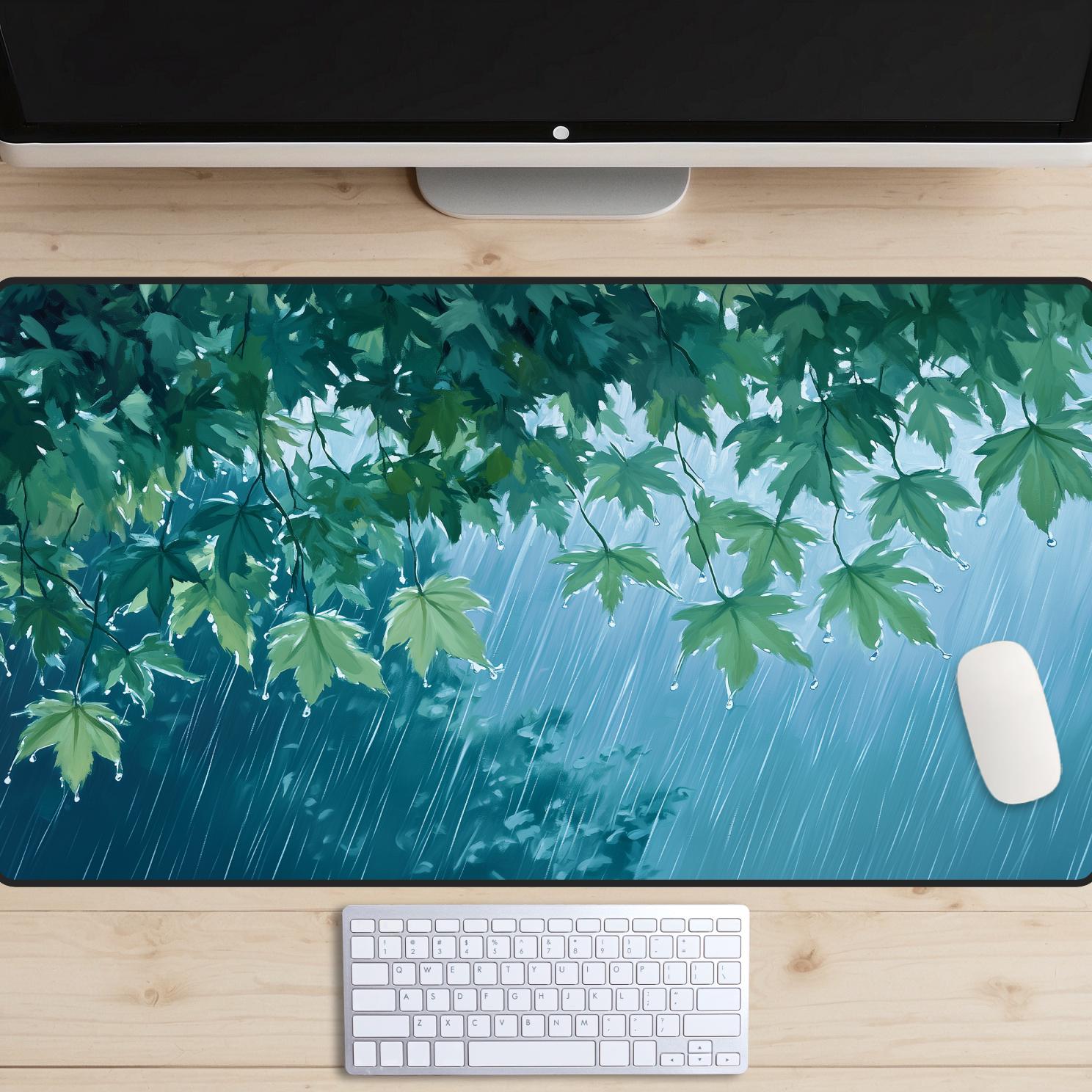 Warm Spring Rain Outside My Window Desk Mat, Summer Raindrops On Green Leaves Desk Pad, Calm Nature Mousepad, Cozy Blue and Green Aesthetic
