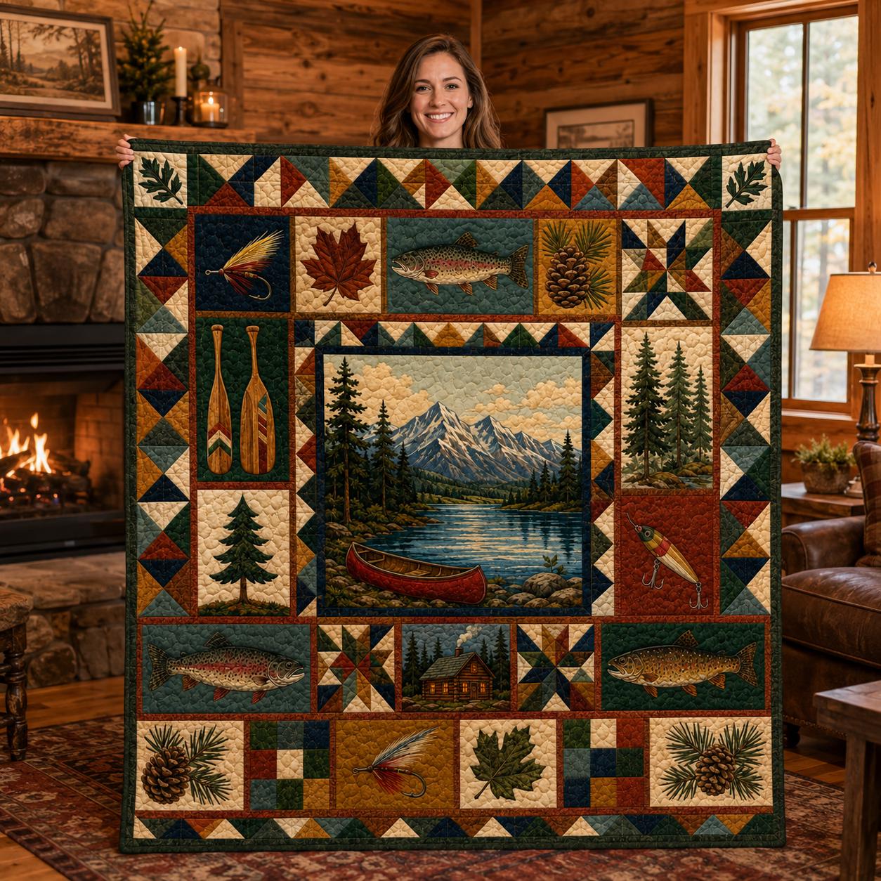 Trout Fish Patchwork Quilt for Rustic Cabin and Lake House Bedding