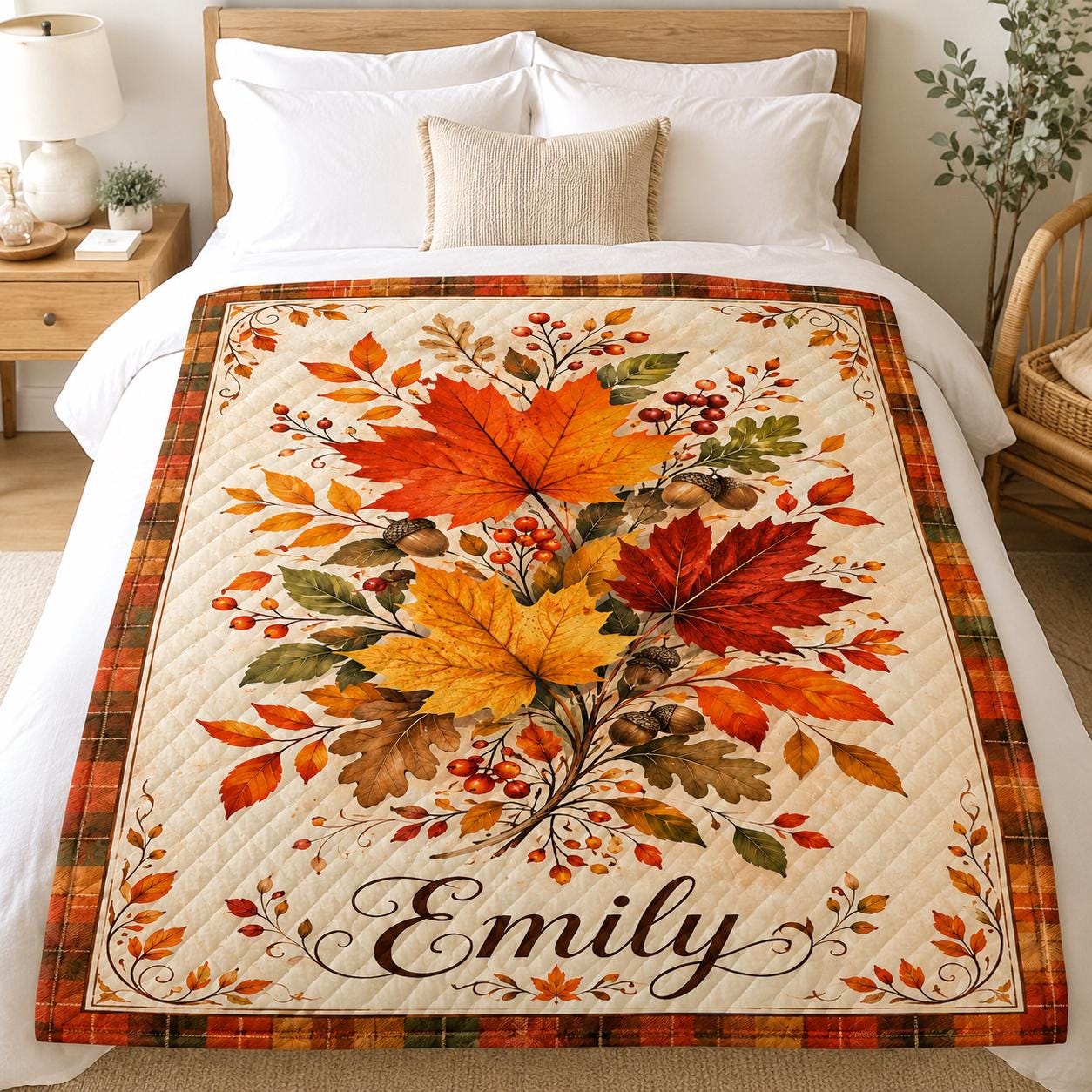 Personalized Maple Leaf Fall Quilt Blanket, Custom Name Autumn Throw