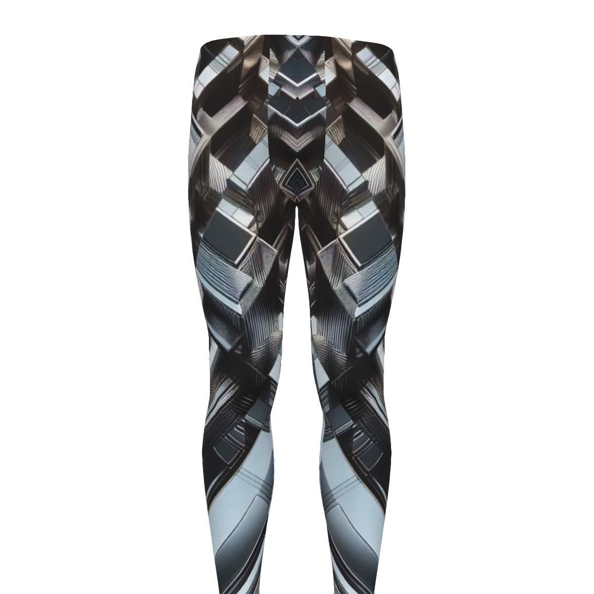 Chrome Robotic Mens Leggings 3D Exoskeleton Armor Silver Workout Pants Cycling Athletic Fitness Running Exercise, Steampunk Wrestling