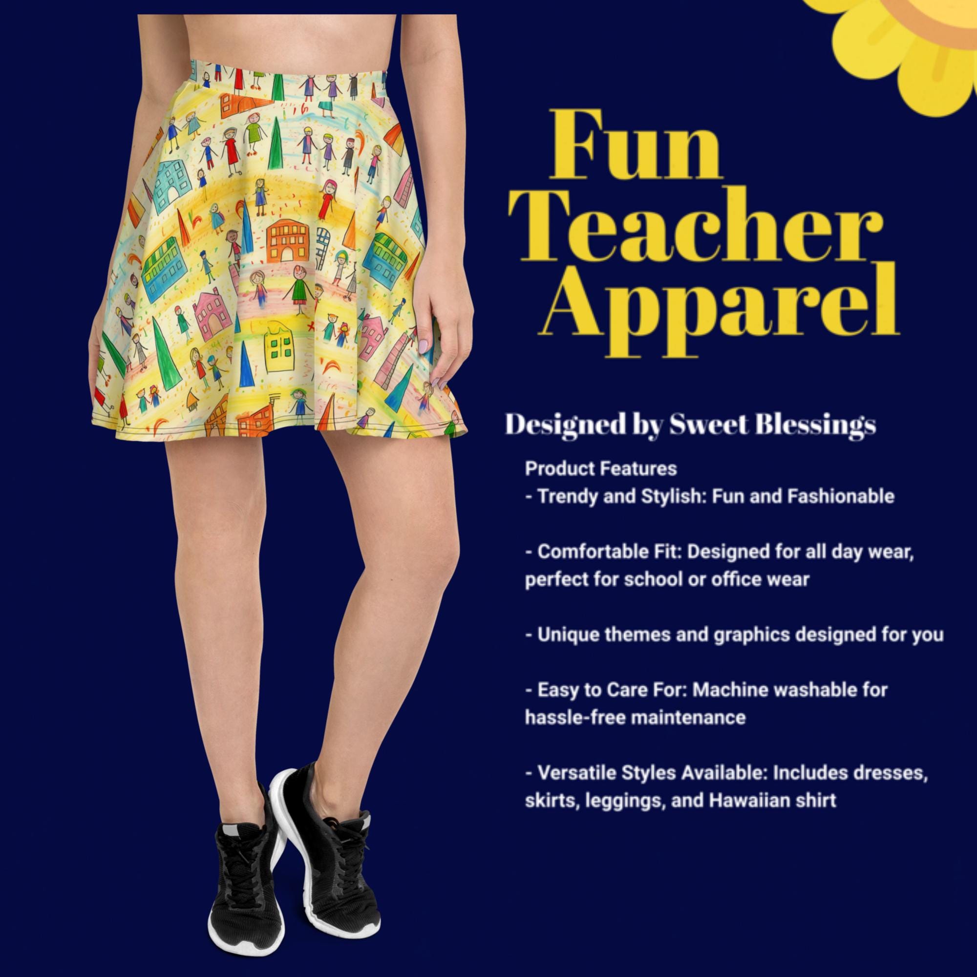 Crayonville Busy City Skater Skirt Ladies Women Teens - Funky Yellow Crayon School Skirt - Preschool Kindergarten Elementary School Teachers