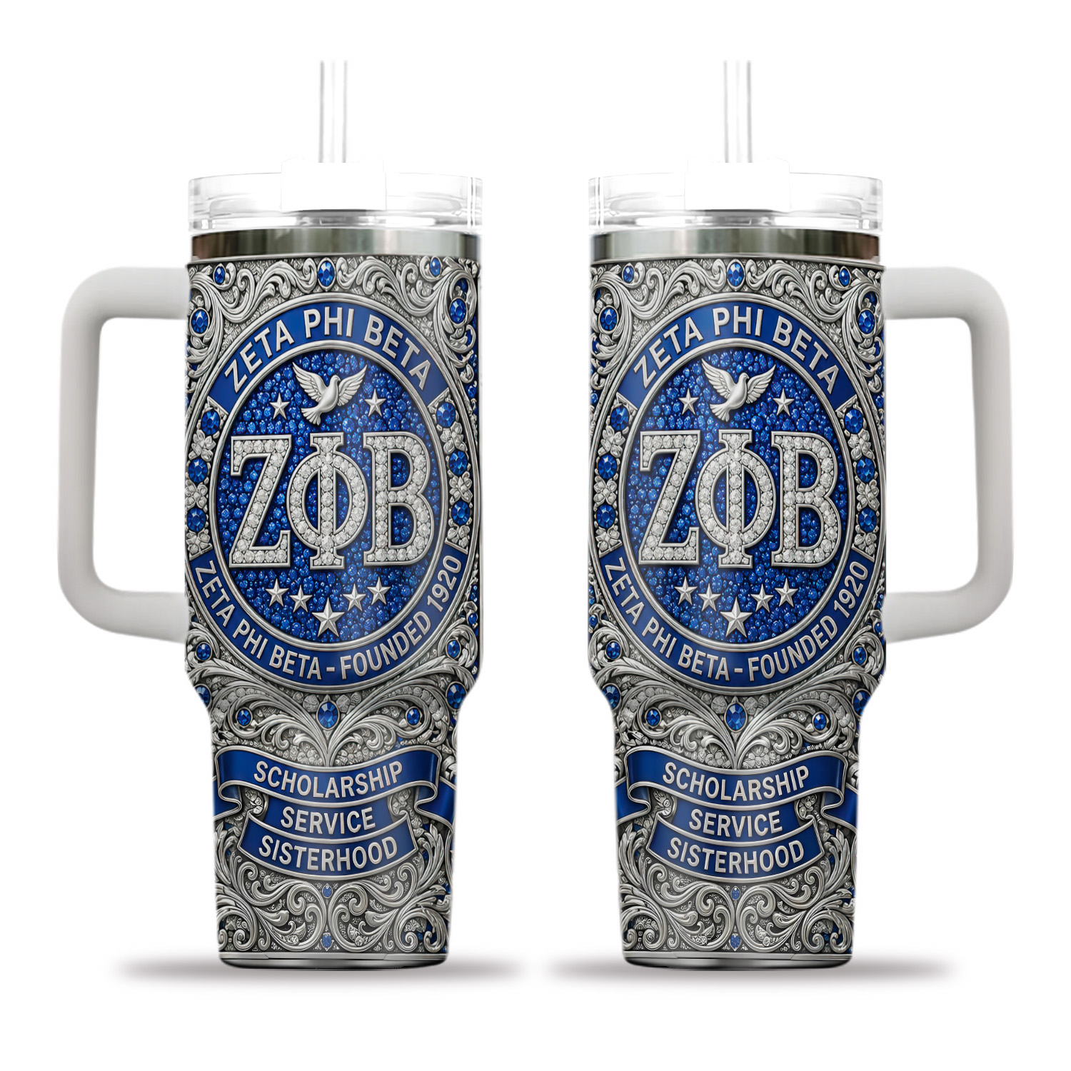Zeta Phi Beta Sorority 40oz Tumbler Blue Silver Dove Greek Life Travel Mug