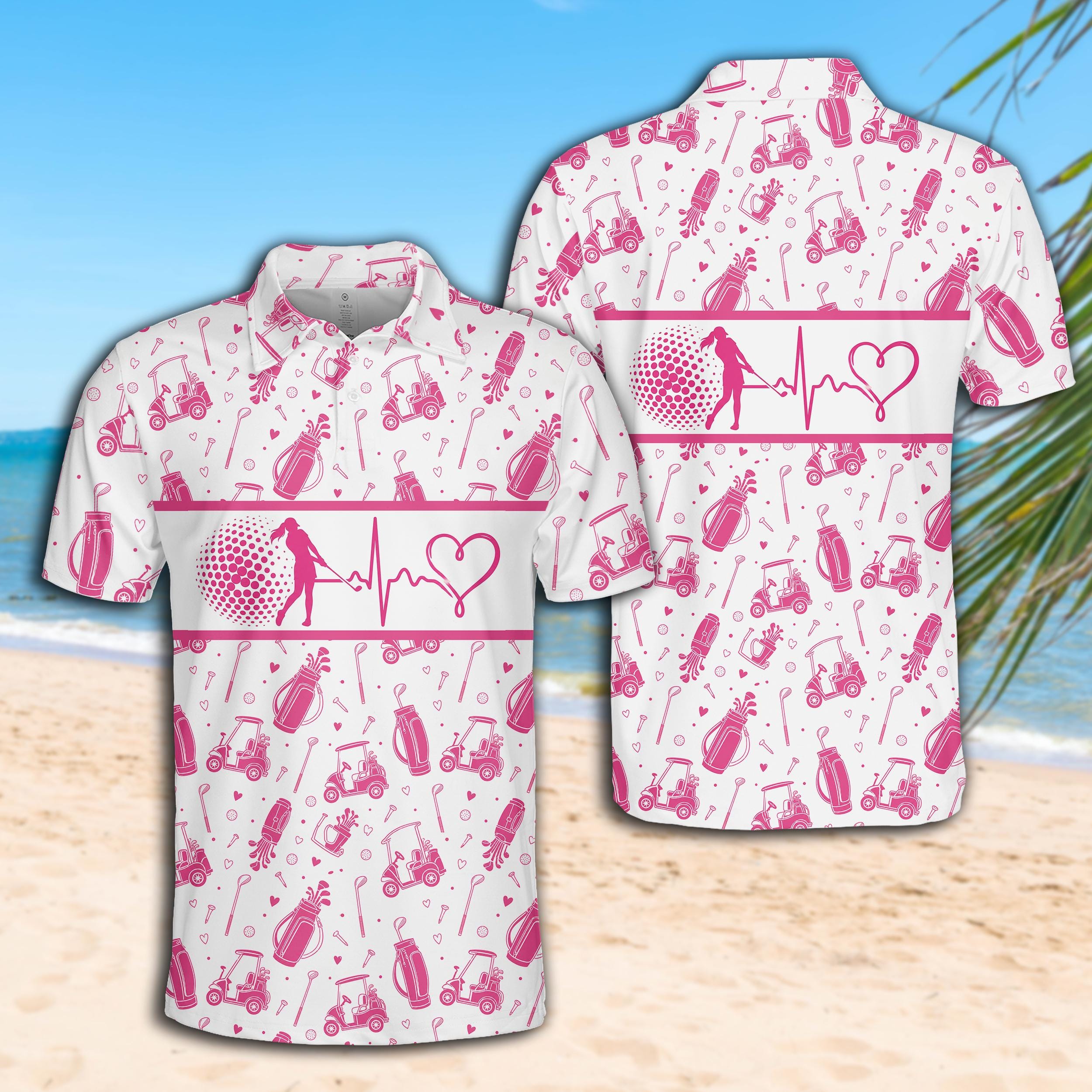Pink Heartbeat Golf Polo for Women Sleeveless Golf Top, Funny Golf Bag Cart Pattern Shirt