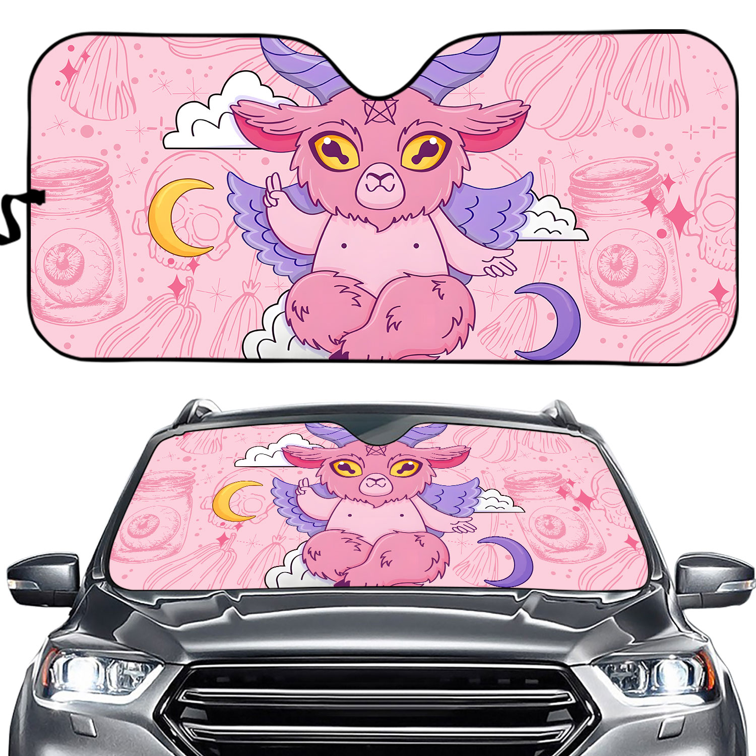 Kawaii Goth Pink Demon Baphomet Windshield Sunshade