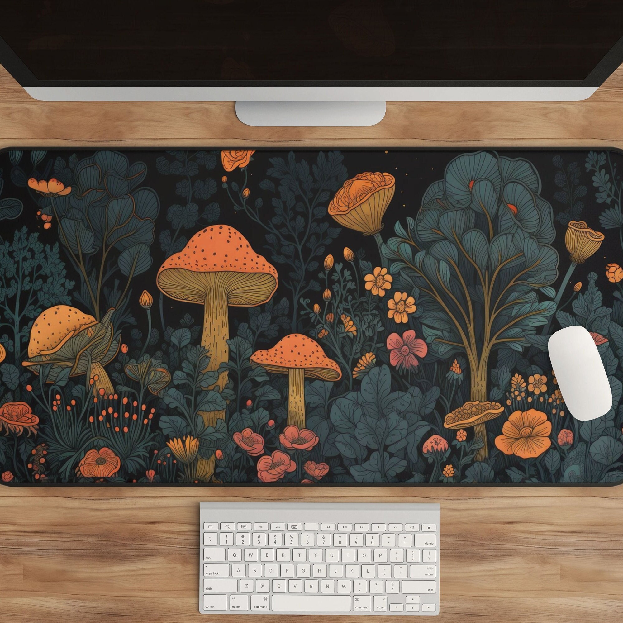 Cottagecore Desk Mat, Mushroom Mousepad, Vintage Floral Forest, Aesthetic Botanical Desk Accessories