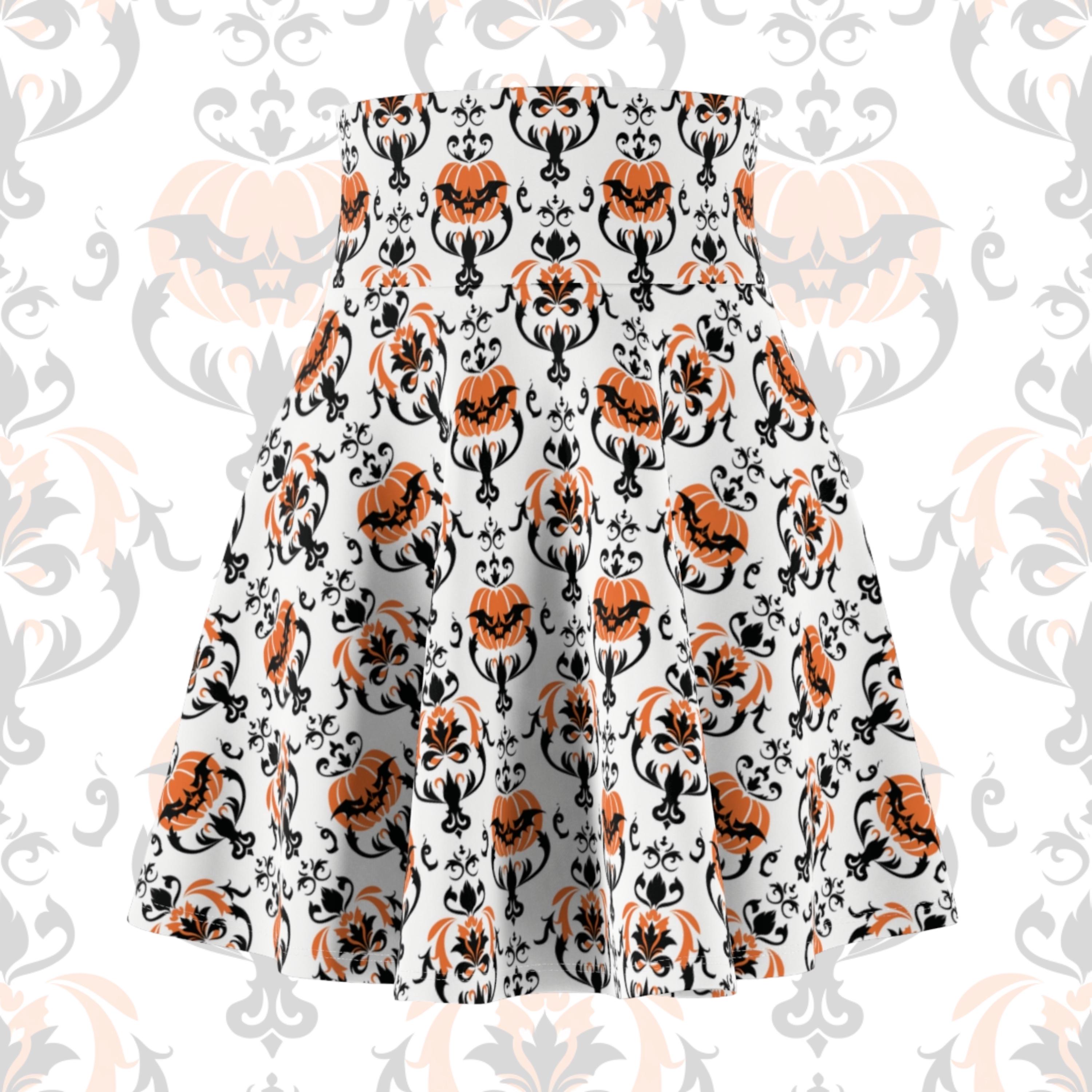 Women's Orange and Black Pumpkin Damask Circle Skirt, White Halloween High Waist Skater Skirt, Spooky Cute All Size Stretchy Skirt