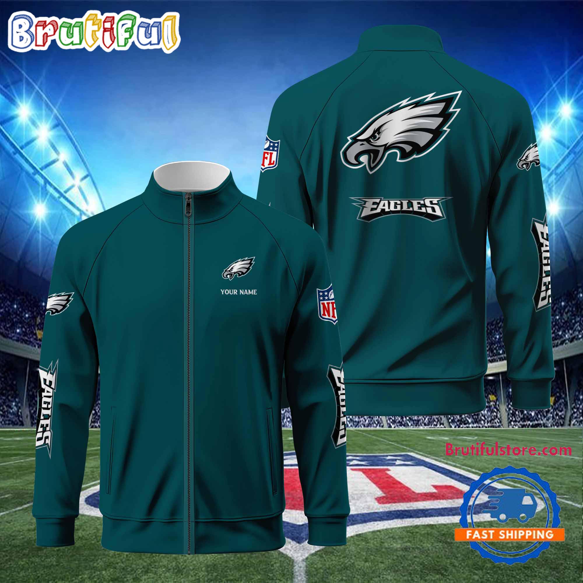 Philadelphia Eagles Football Logo Team Standing Neck Zipper Jacket, Custom Football Zipper Jacket