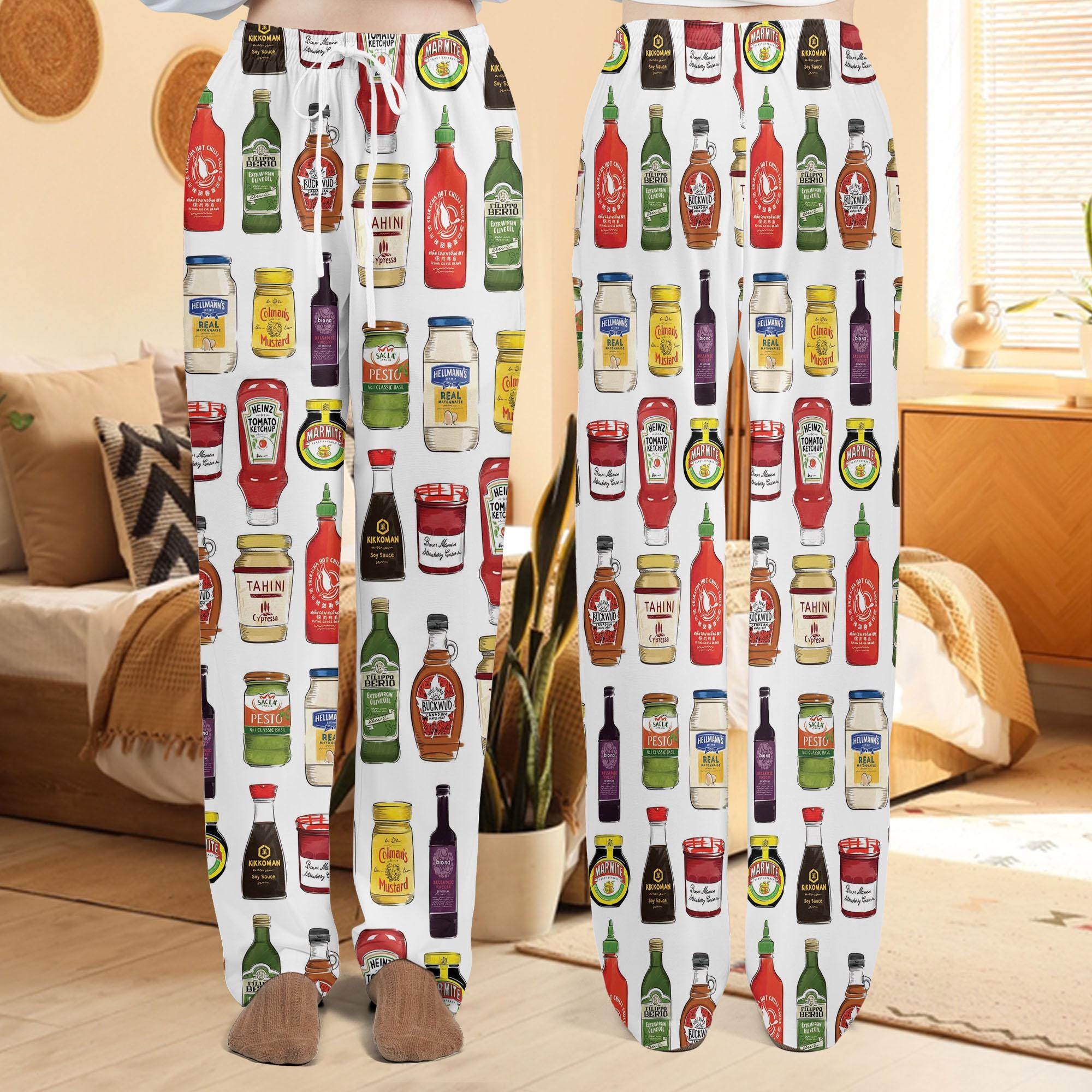 Women's Halloween Pajama Pants with Condiment Prints, Ketchup and Ranch Design