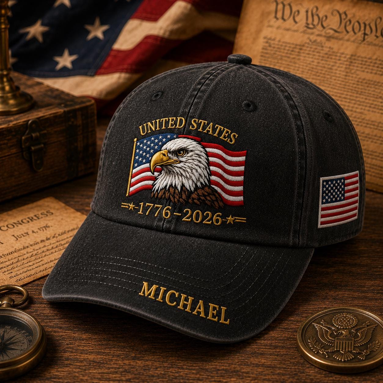 Custom Embroidered USA 250th Anniversary Washed Hat, Personalized American Eagle Cap, Patriotic Flag Hat, Custom Name Freedom Gift
