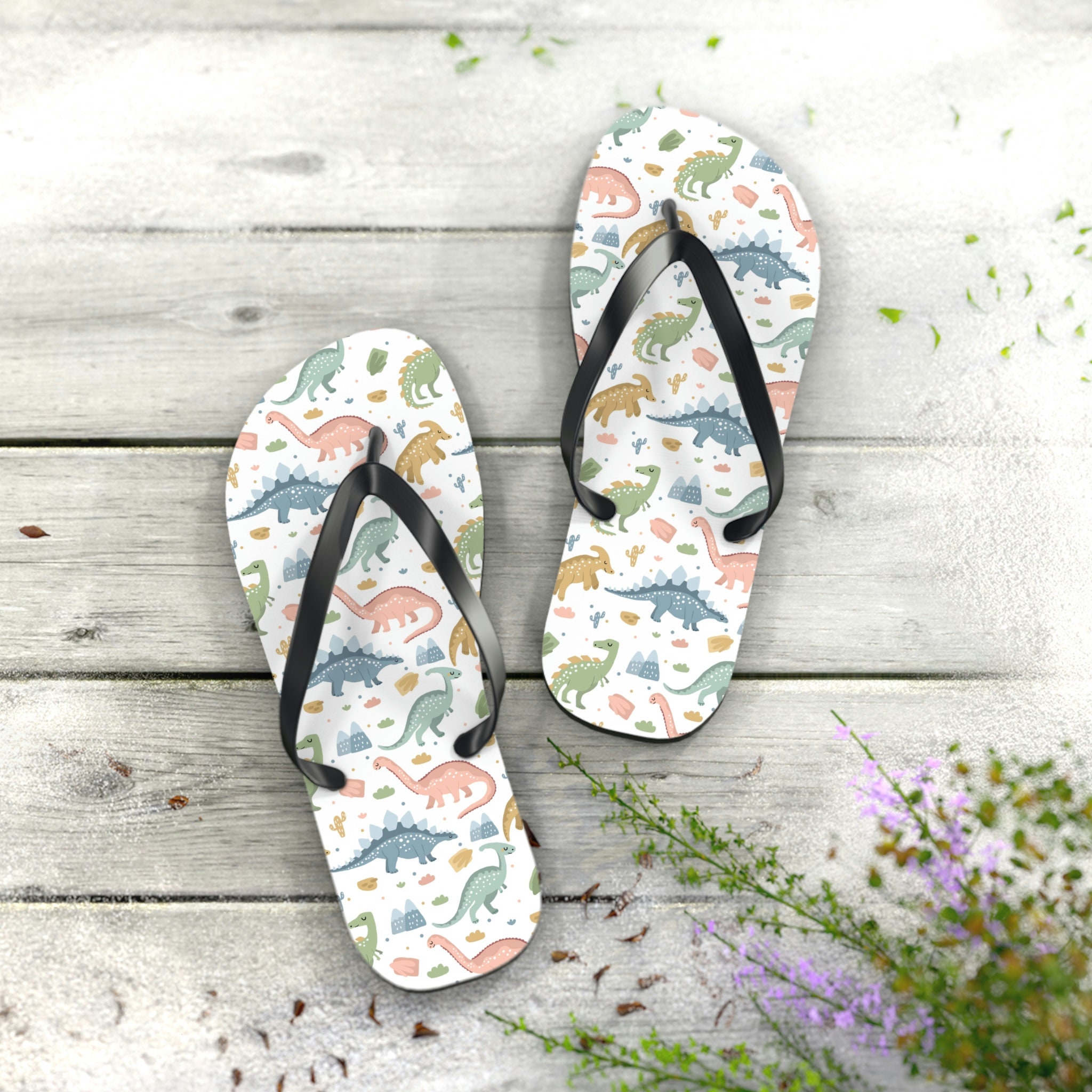 Dinosaur Print Flip Flops - beach sandals, shower shoes, casual footwear, poolside