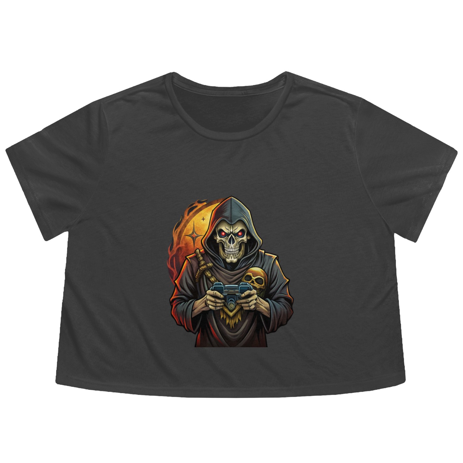 Skull holding a video game console. Flowy Cropped Tees