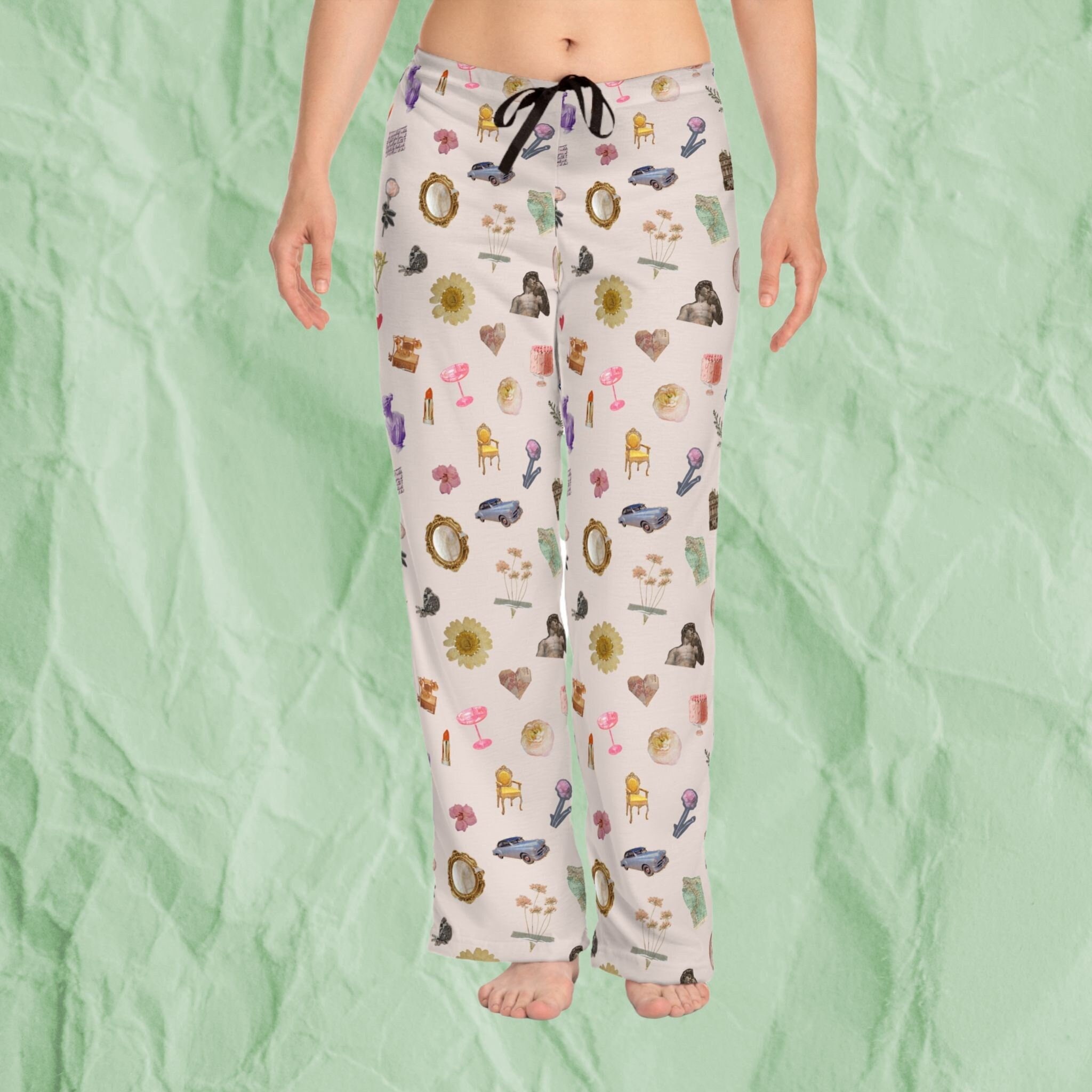 Collage Pattern Womens Loungewear, Scrapbook Aesthetics, Romantic Sleepwear For Her, Softgirl Clothes, Flower Lover Pj's Gift, Winter Pajama