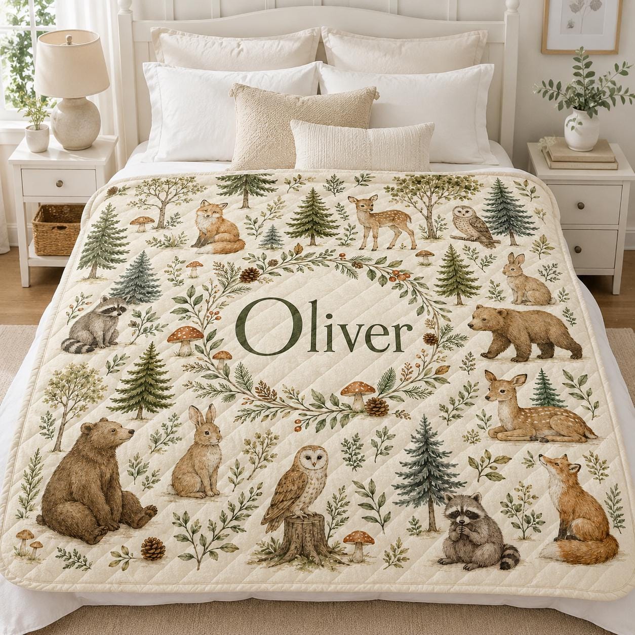 Personalized Woodland Animal Quilt Blanket, Custom Name Forest Nursery Bedding, Baby Shower Gift