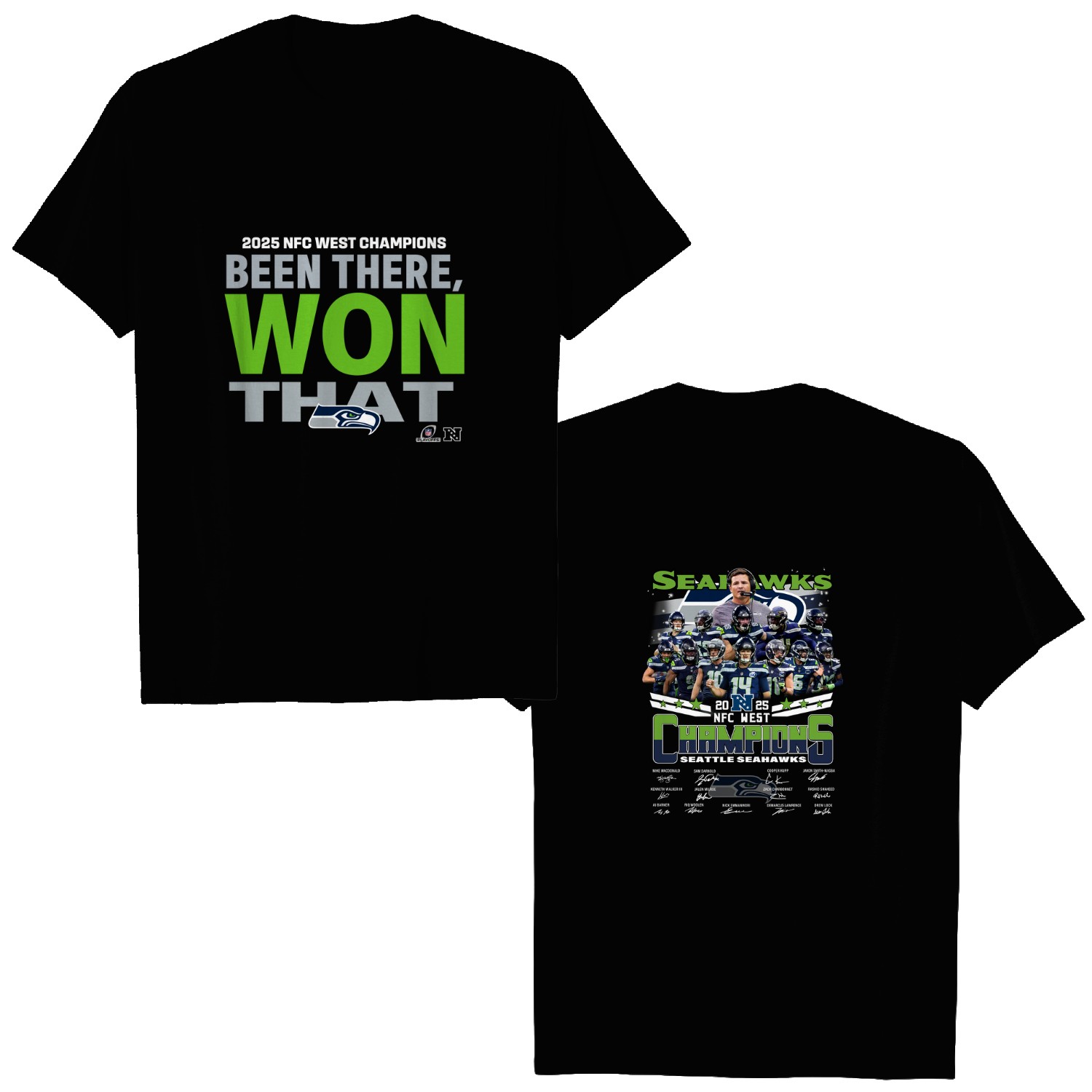 Seattle Football 2025 N.F.C West Division Champions Signature T-Shirt 2 Sided