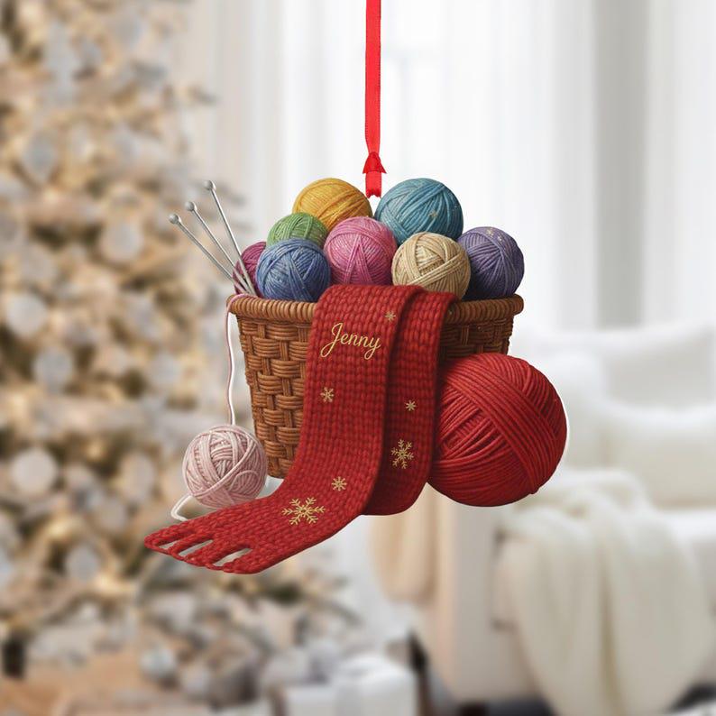 Personalized Knitting Ornament: Custom Yarn Basket Gift, Double-Sided Print