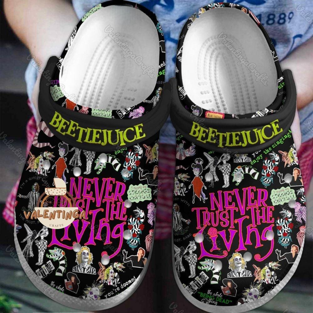 Halloween Beetlejuice Never Trust The Living Clogs, Horror Movie Sandal, Beetlejuice 90s Movie Shoes, Halloween Slippers