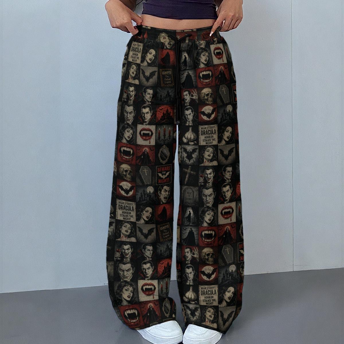 Retro Vampire Classic Horror Check Women's Leg Trousers, Women's Casual Pants