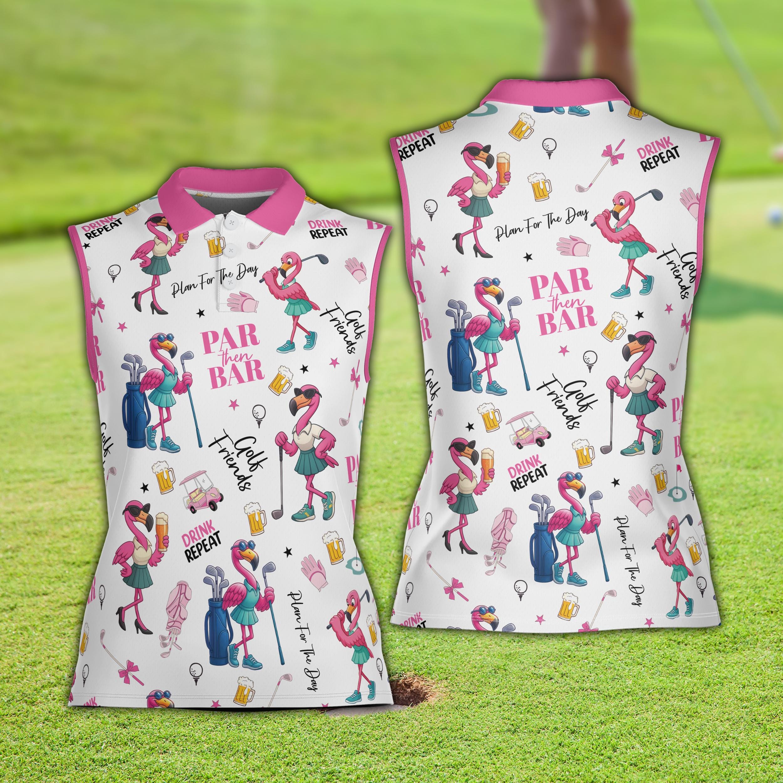 Women Sleeveless Polo Shirt with Flamingo and Beer Graphics, Perfect for Golf and Casual Wear