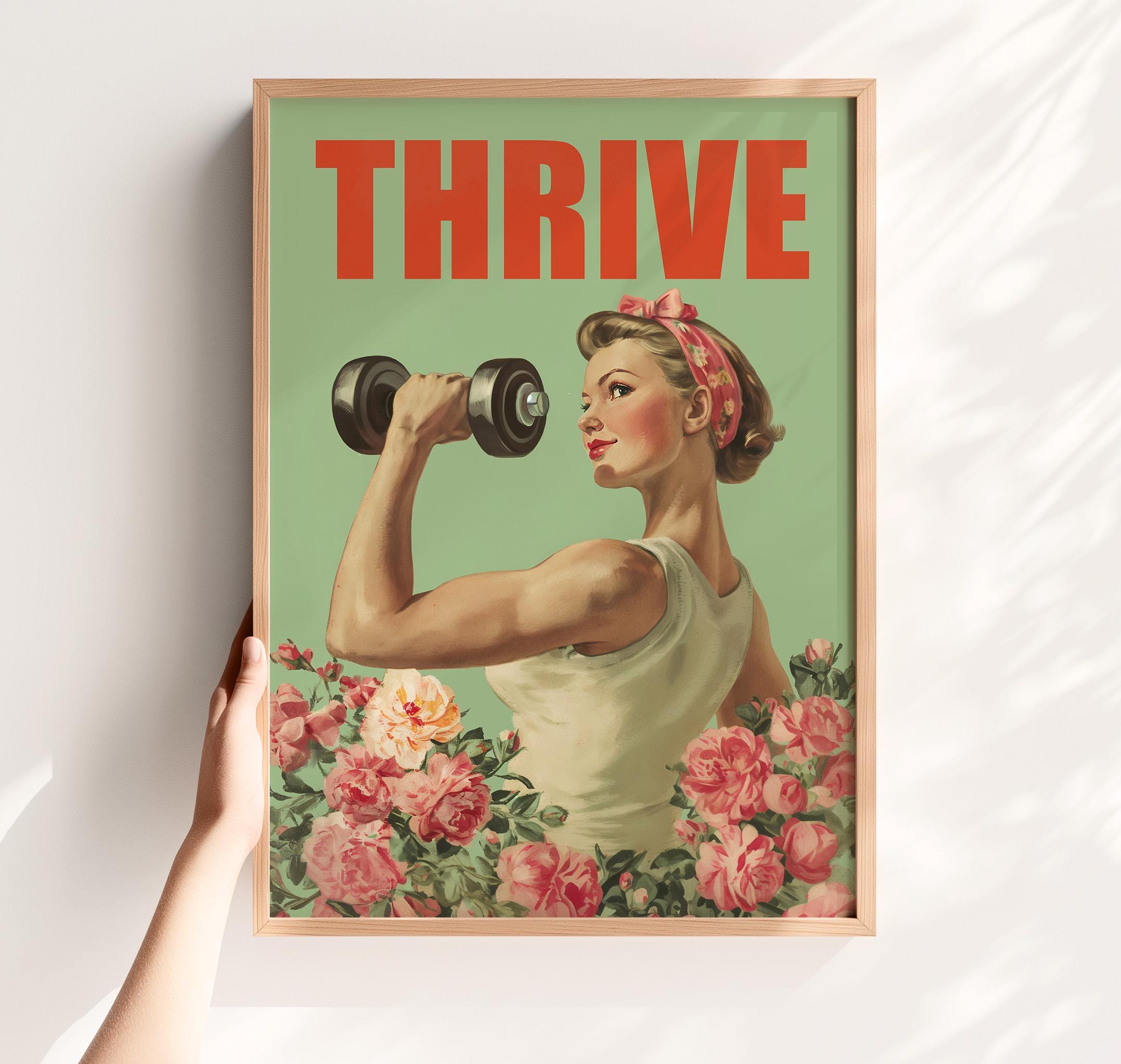 Thrive Poster - Retro Fitness Girl Wall Art, Feminine Gym Decor, Girl Power Print