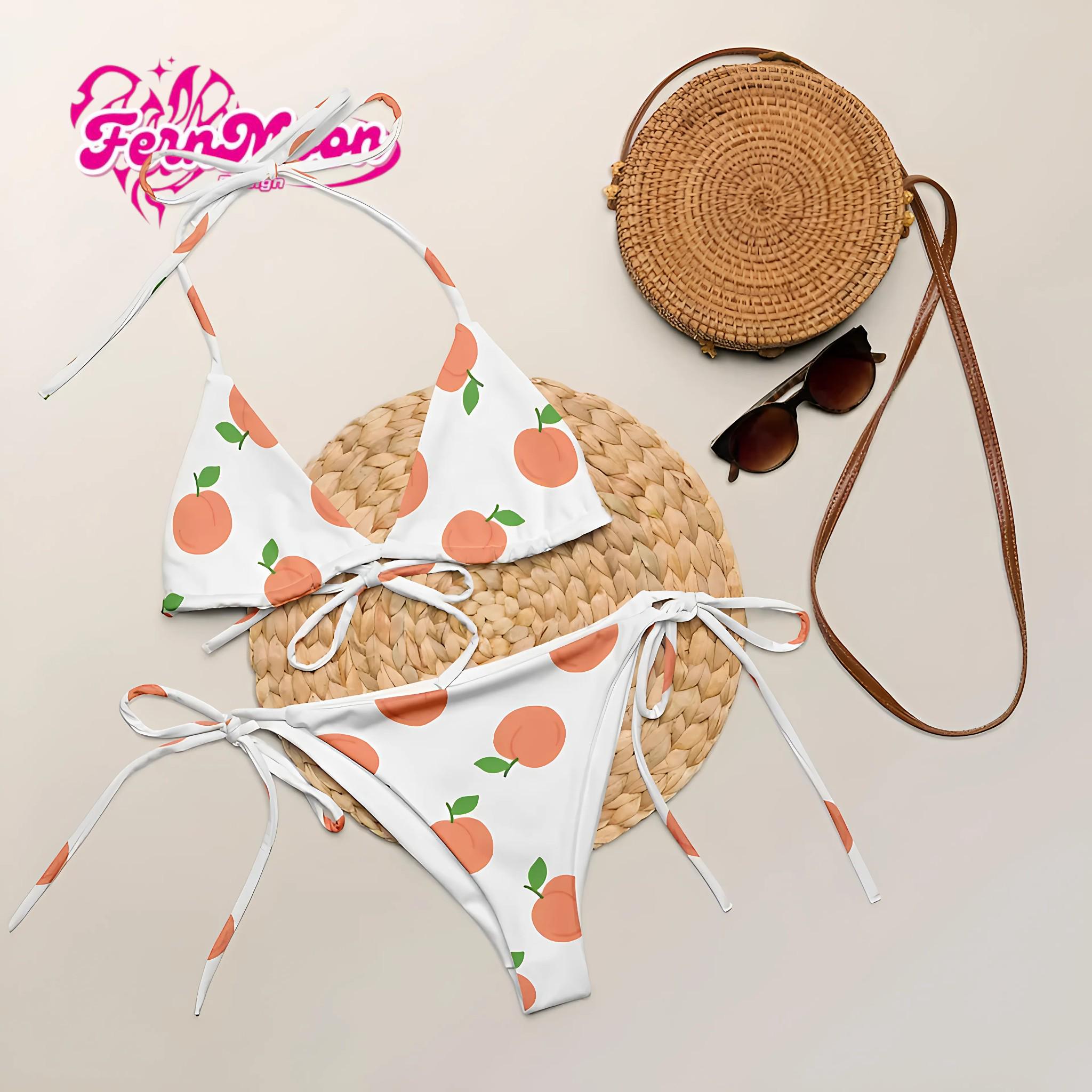 Peach Pattern Bikini Set, Fruit Print Triangle Bikini, Cute Summer Bikini, Women Beach Swimsuit